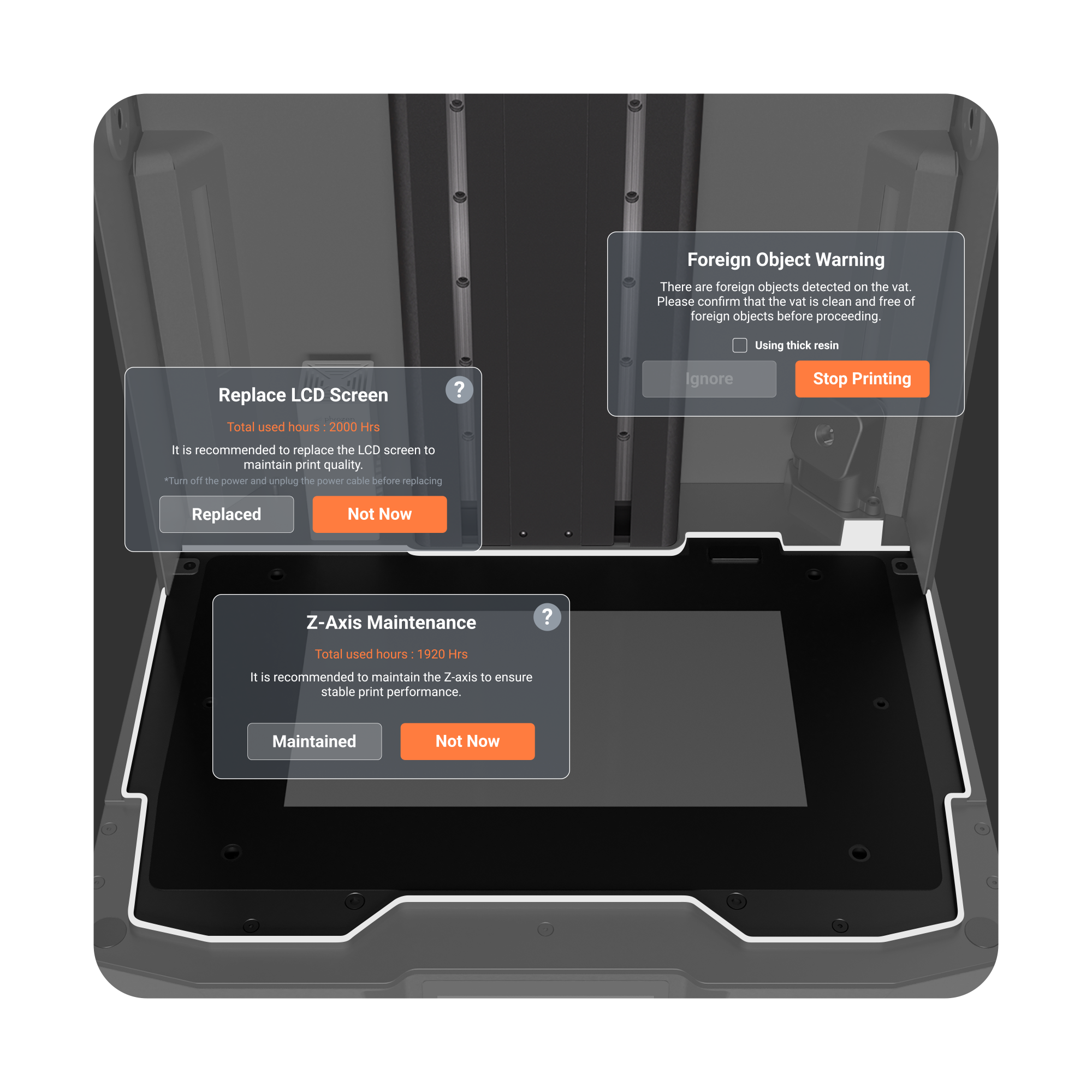 Revo MAX screen displaying maintenance, foreign-object, and LCD alerts for real-time print monitoring.