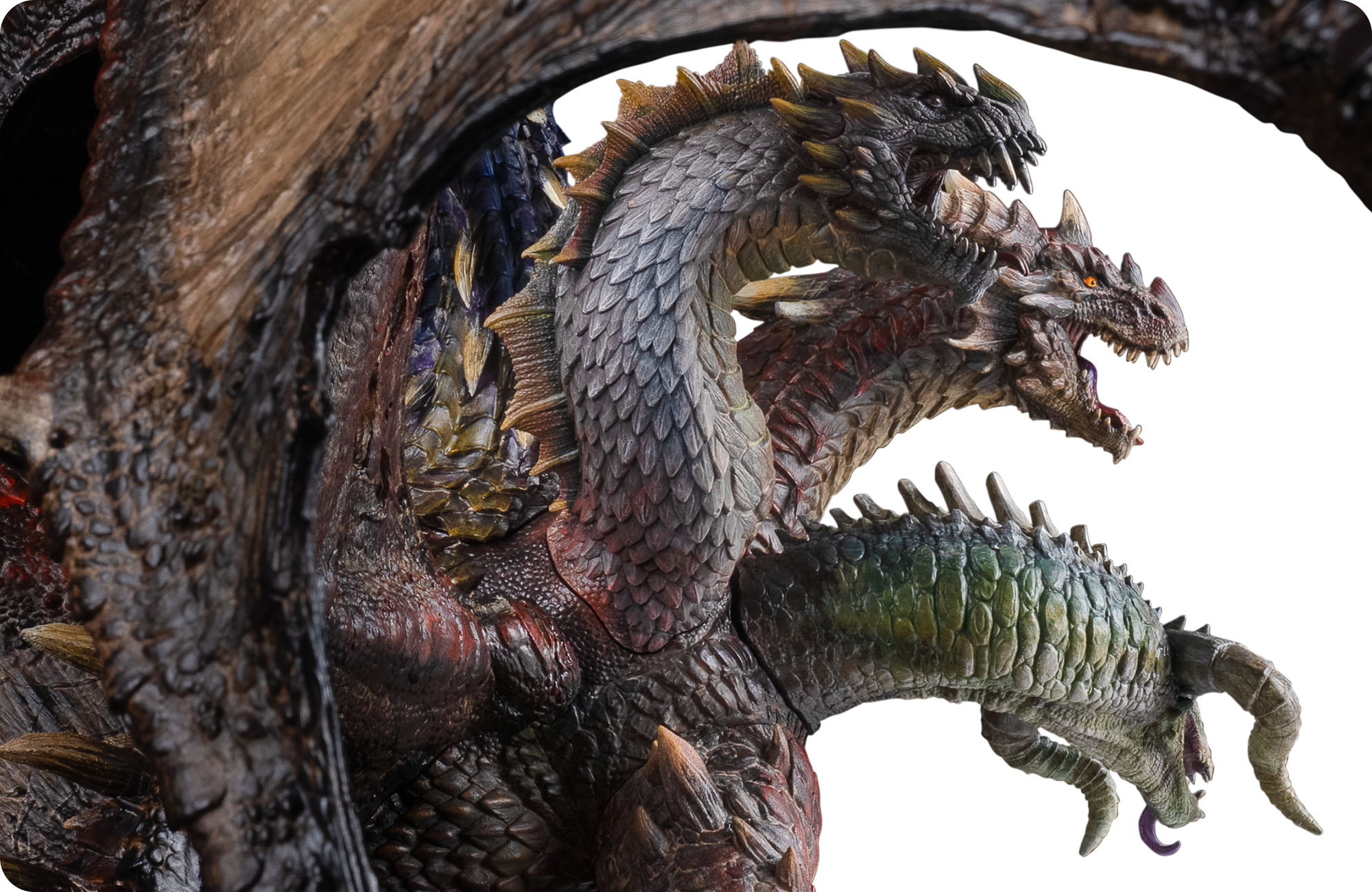 Close-up of overlapping dragon heads and necks with finely rendered scales, spikes, and layered textures in 16K detail.