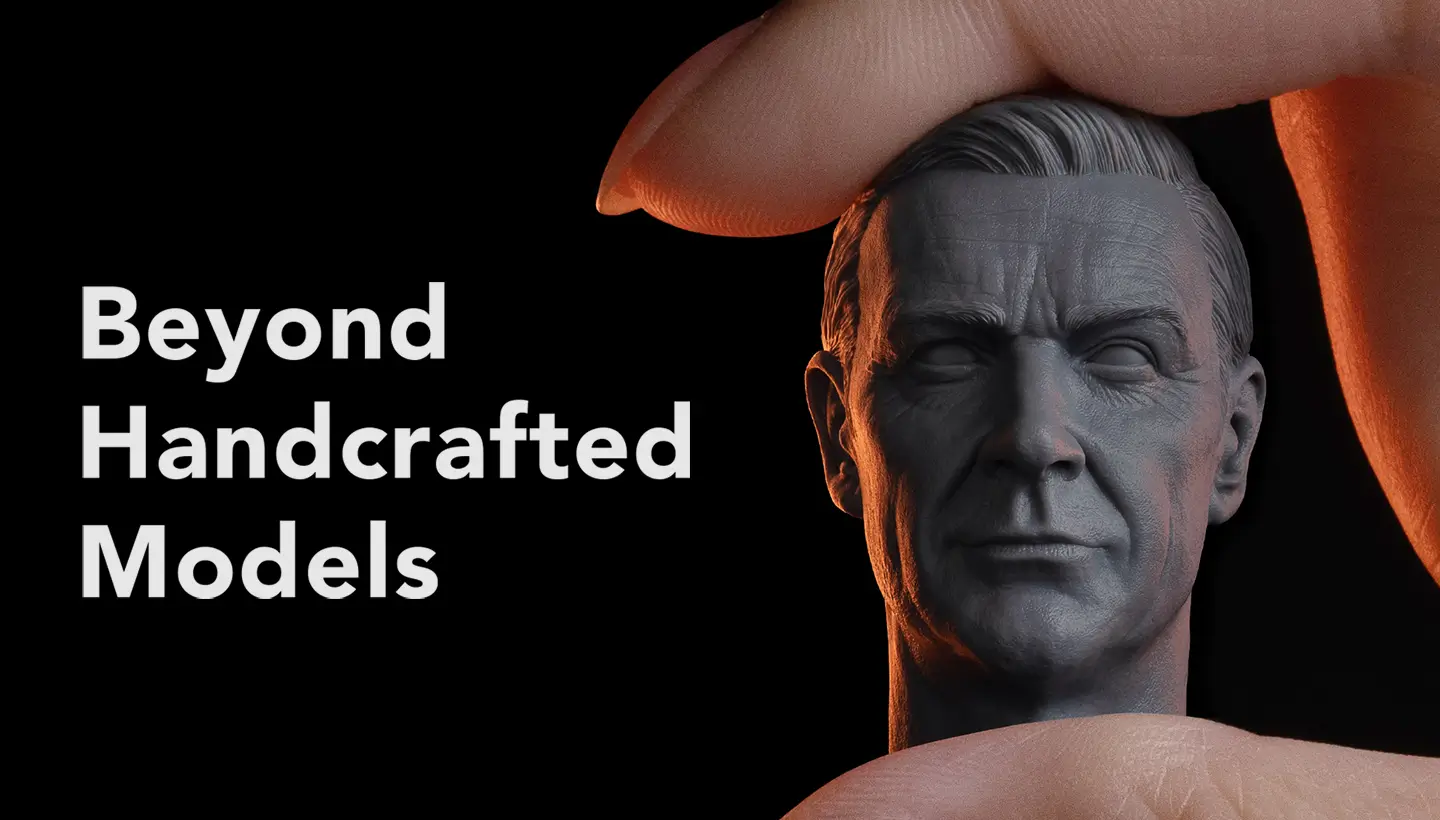Gray 3D printed bust model made on a Sonic Mini 8K resin printer, held between fingers against a black background.