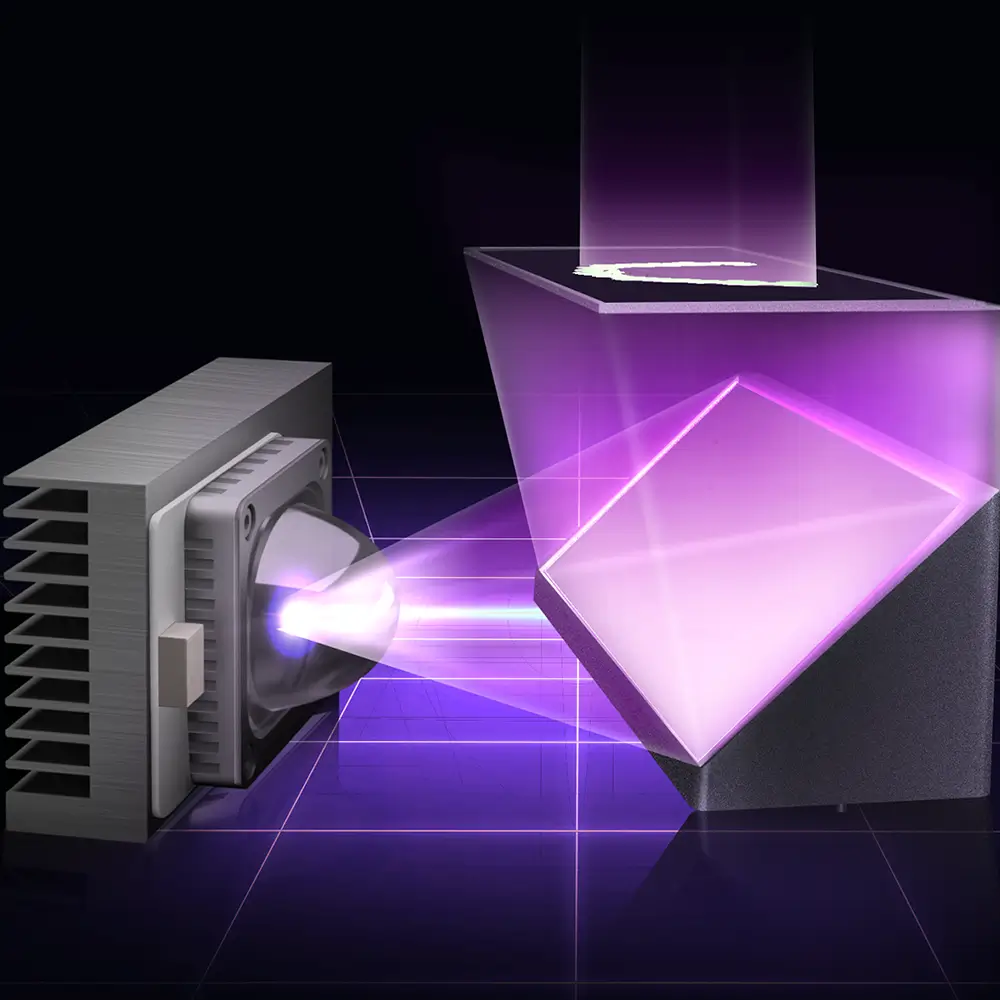 Sonic Mini 8K's Linear Projection LED Module showing a UV light source directed through angled optics toward the printing surface.