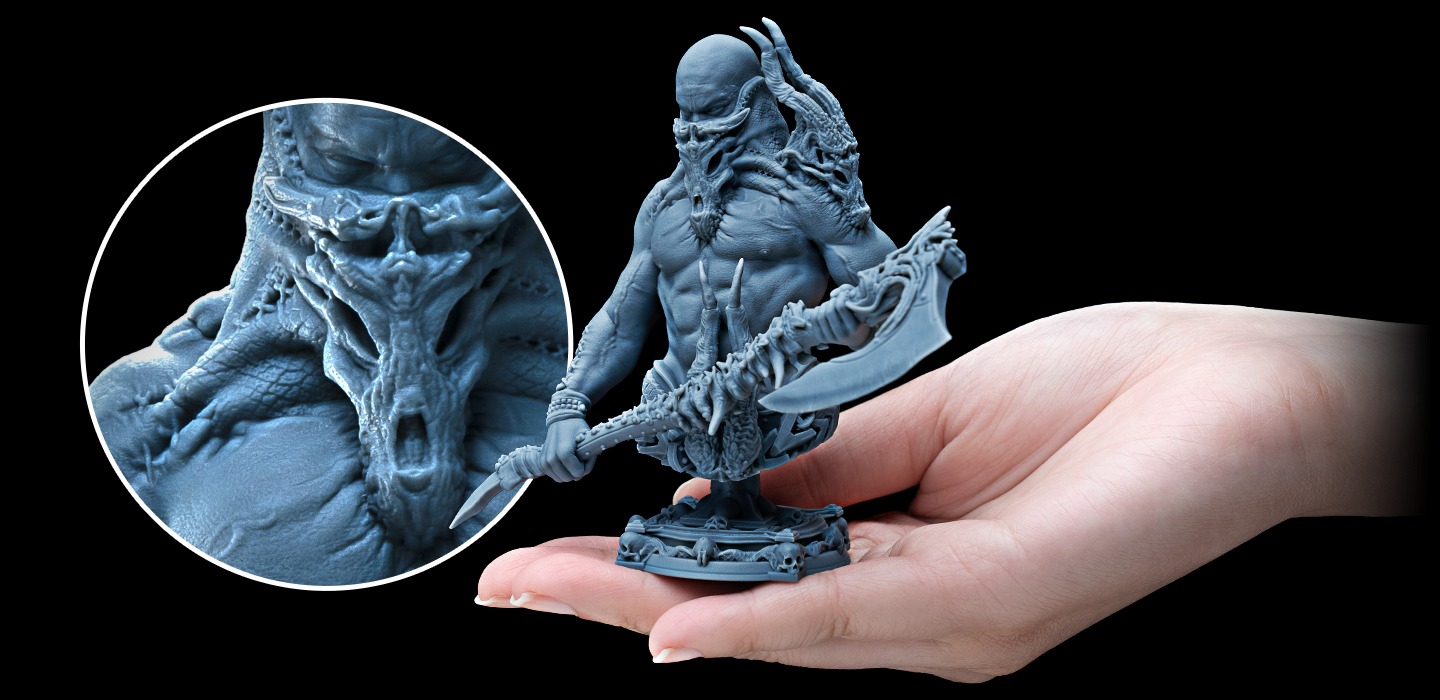 Necrowarrior miniature printed on the Phrozen Sonic Mini 8K S with enlarged fine detail.
