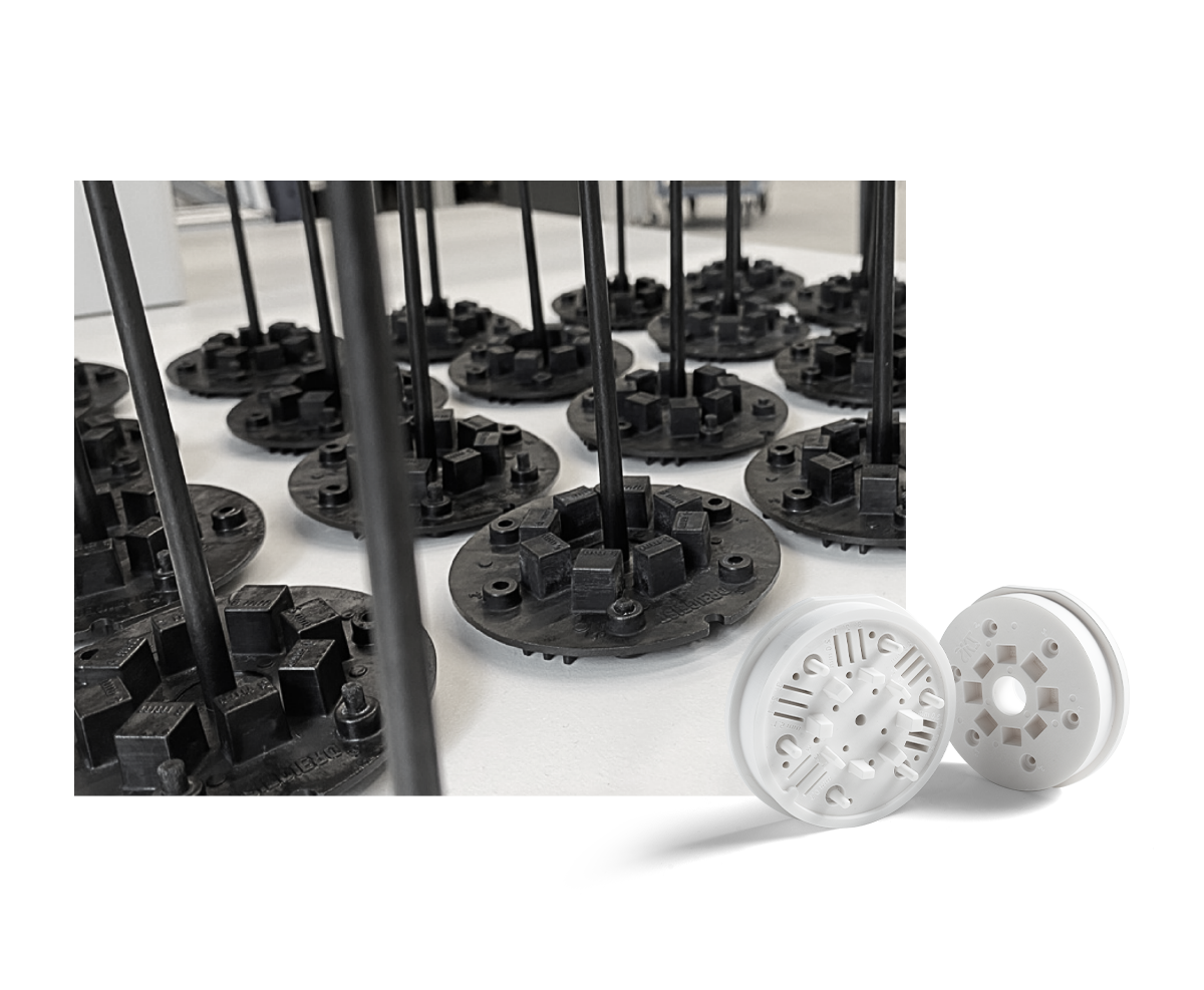 Multiple 3D printed Ceramic Pro Resin mold cores with finished white mold samples, showing accessible and efficient small-batch manufacturing.