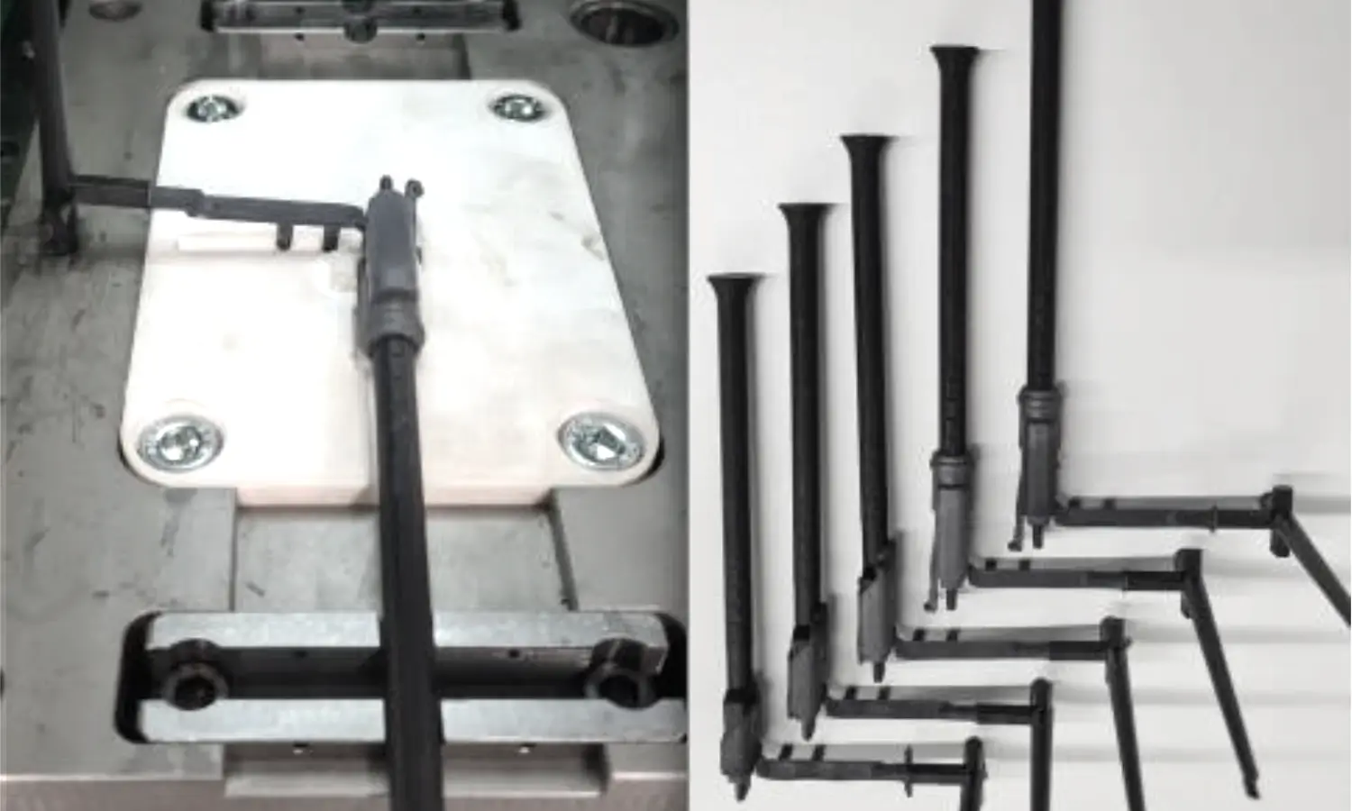 Overmolding setup using a 3D printed Ceramic Pro Resin mold to enhance cable production with faster, cost-effective manufacturing.