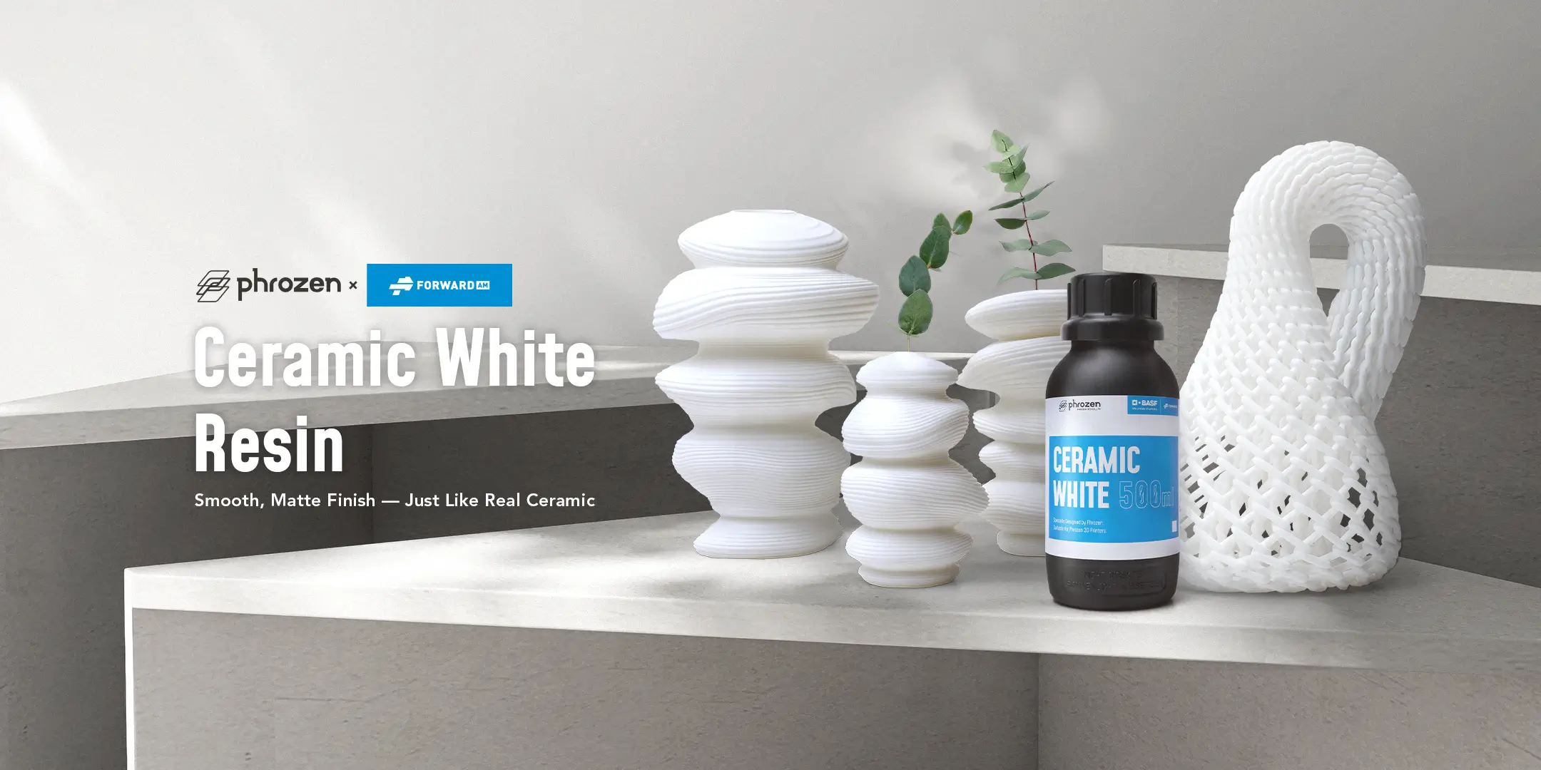 Phrozen x BASF Forward AM Ceramic White Resin top banner featuring matte white 3D printed decor with a ceramic-like finish.
