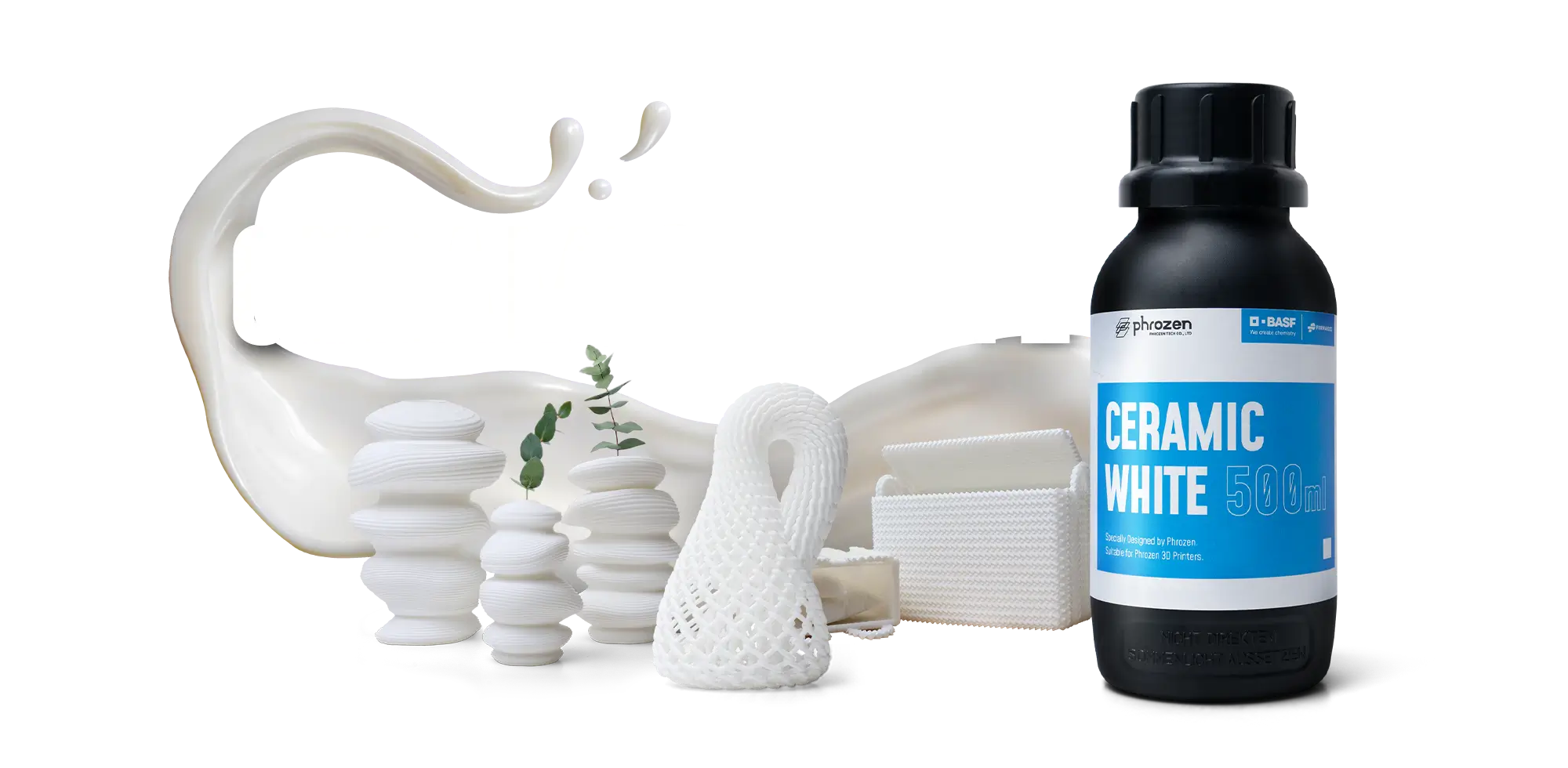 Phrozen Ceramic White Resin banner featuring matte white 3D printed decor models and a resin bottle.