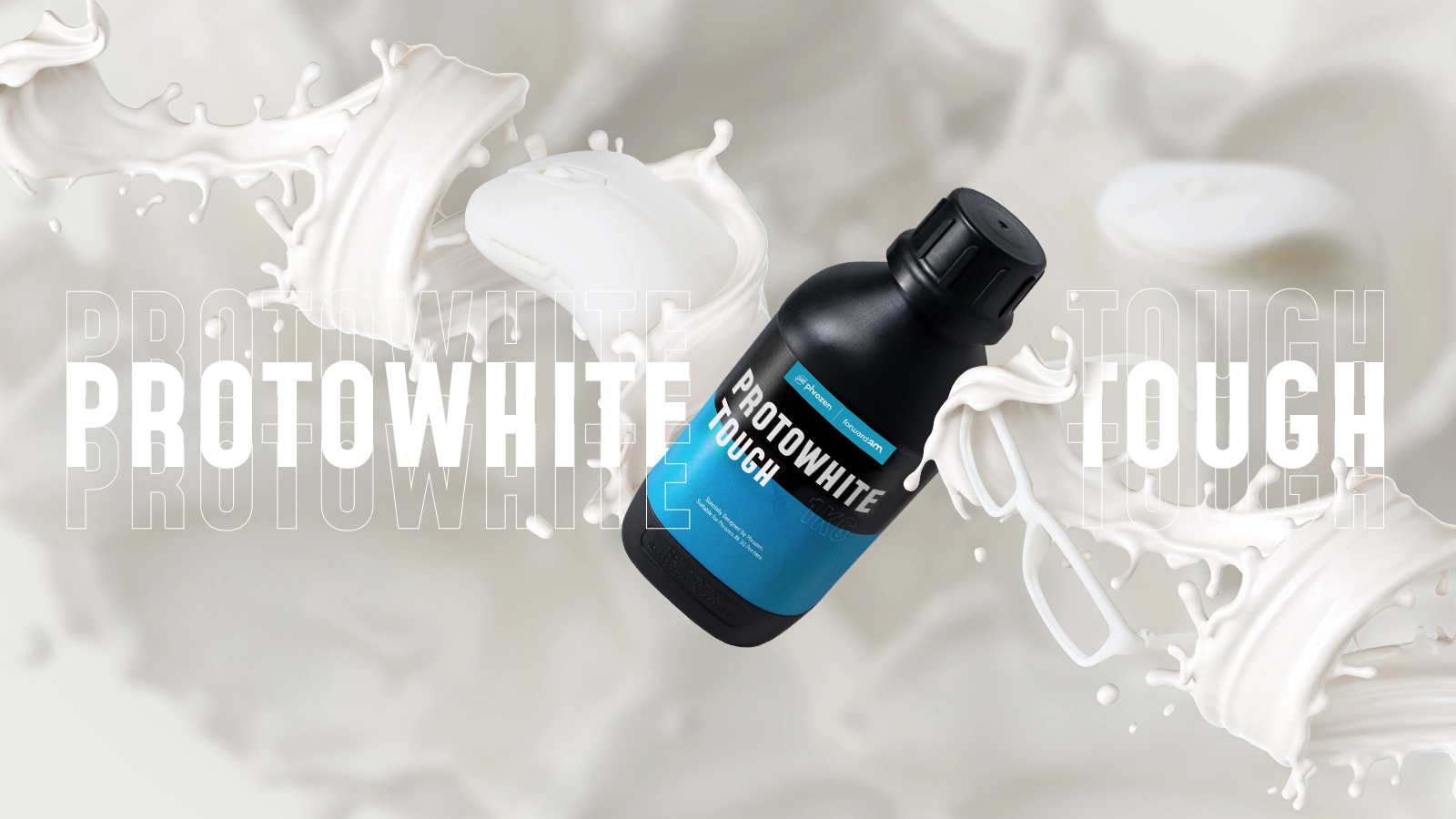 Phrozen x Forward AM Protowhite Tough Resin top banner featuring a resin bottle with white splash graphics.