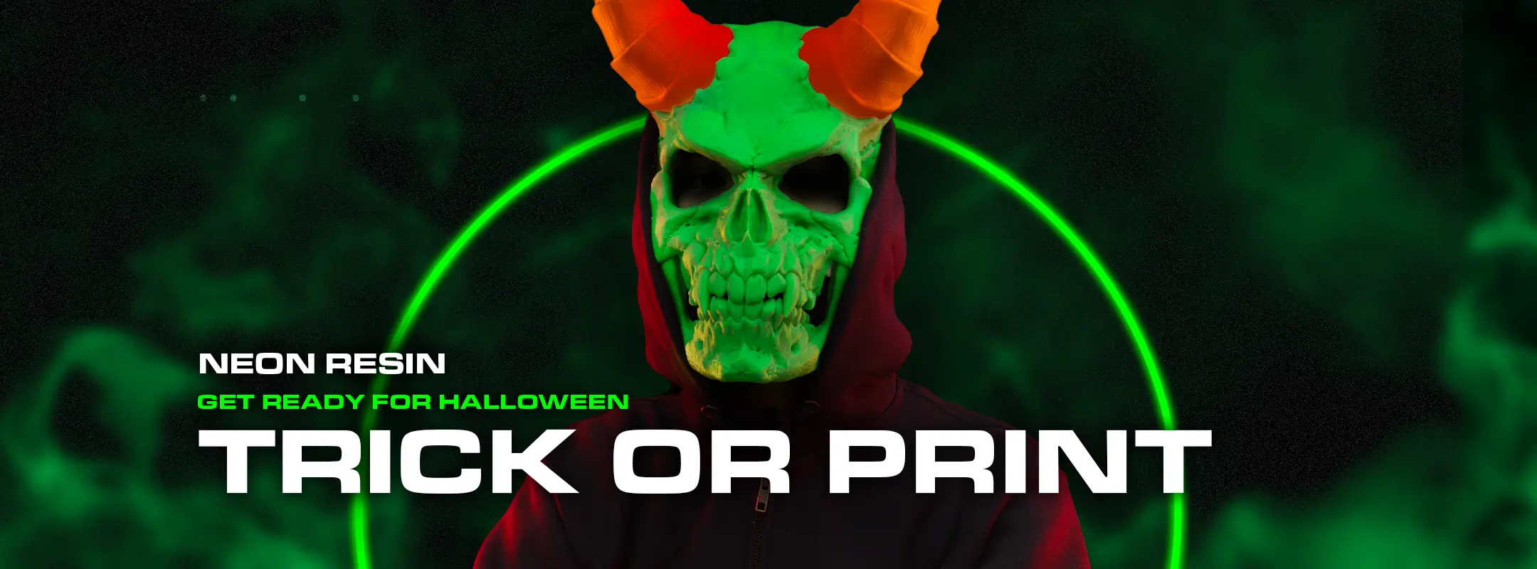 Phrozen Neon Resin top banner featuring a glowing skull model and Halloween-themed 3D printing visuals.