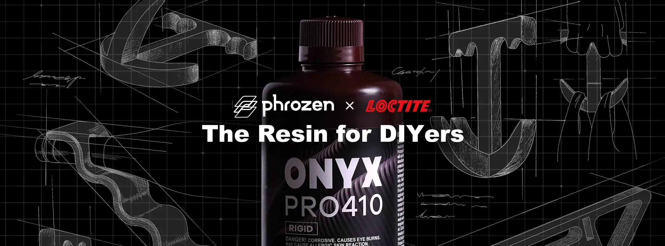 Phrozen x Loctite ONYX PRO410 top banner featuring rigid resin for DIY makers and prototyping.