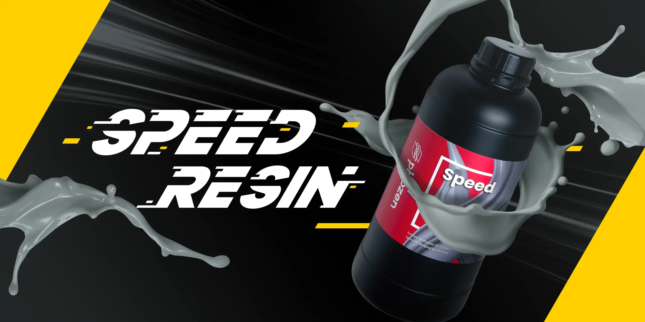 Phrozen Speed Resin top banner featuring a resin bottle with splash effects on a black and yellow background.