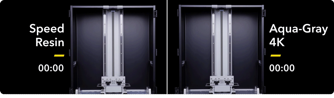 GIF showing a 24 cm model printed with Phrozen Speed Resin finishing in under 6 hours, while Aqua-Gray 4K takes 34 hours.