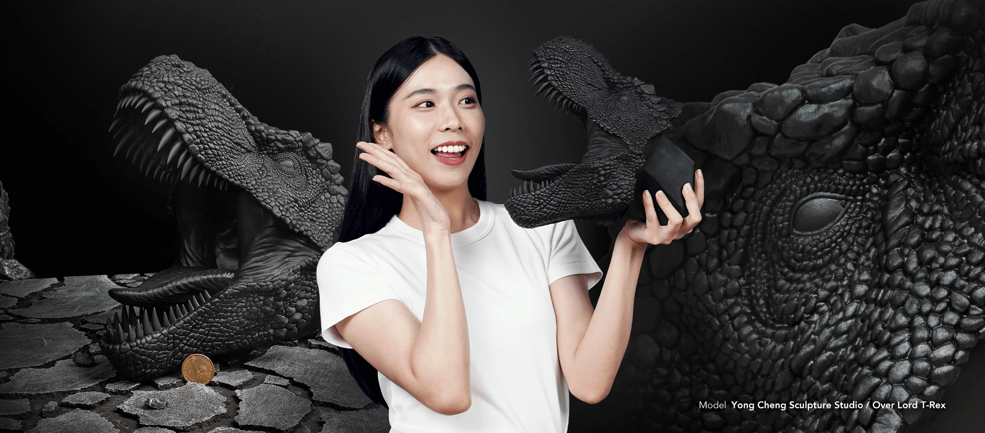 Person holding large dinosaur prop models printed with Phrozen Speed Plus Resin for cosplay props and large-scale models.