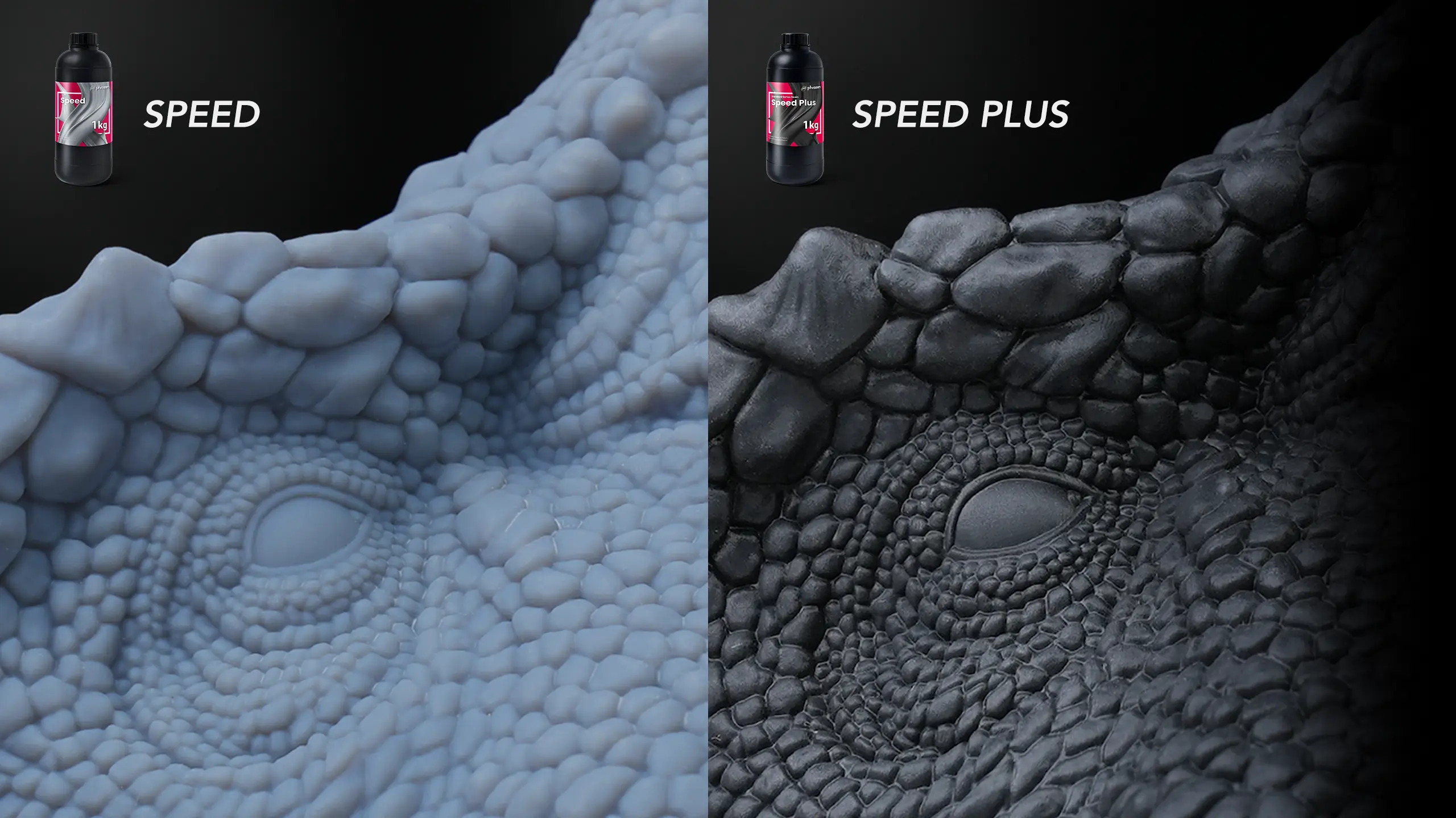 Close-up comparison of model details printed with Speed Resin and Speed Plus, highlighting sharper detail at higher speed.
