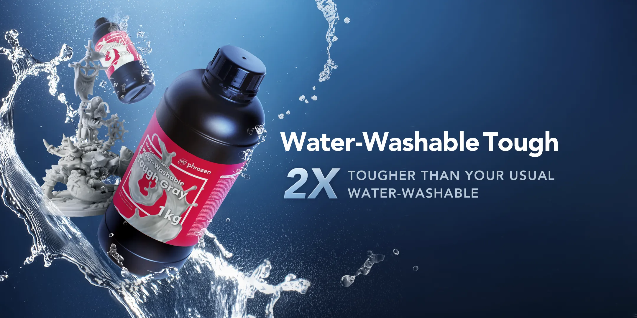 Phrozen Water-Washable Tough Resin top banner featuring resin bottles, a printed miniature, and water splash graphics.