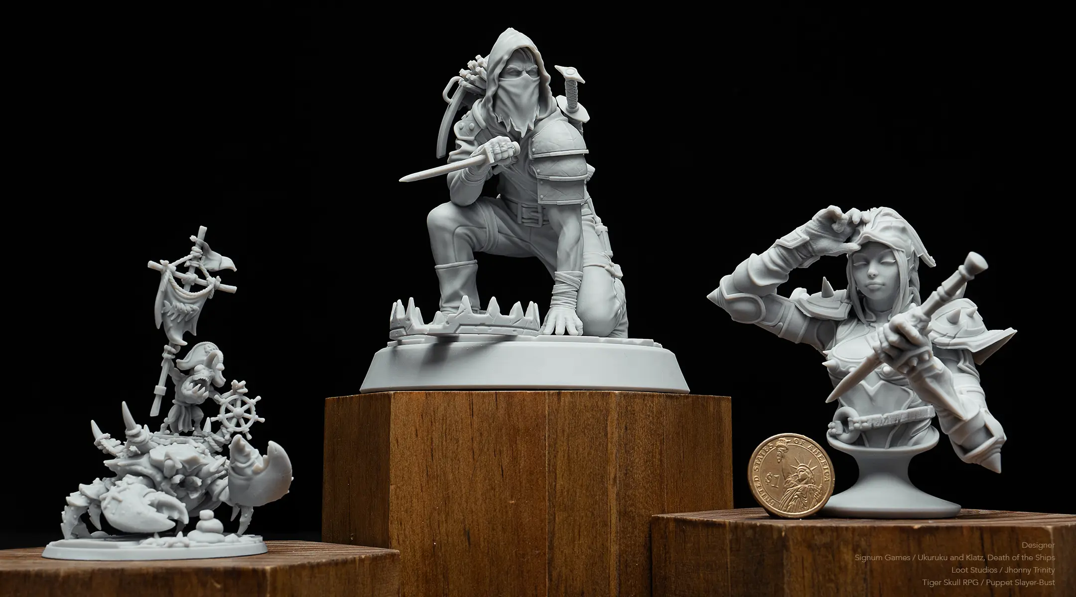 3D printed miniatures, figurines, and statues made with Phrozen Water-Washable Tough Resin for various applications.