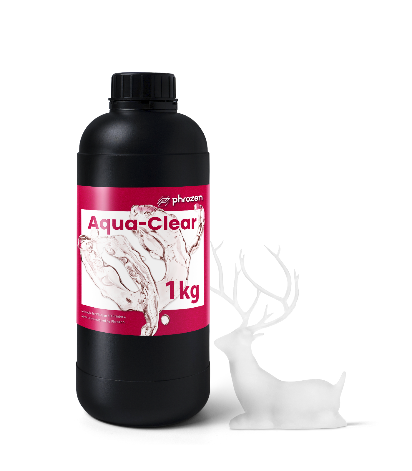 Phrozen Aqua-Clear 1kg resin bottle next to a translucent clear deer figure printed with the resin.