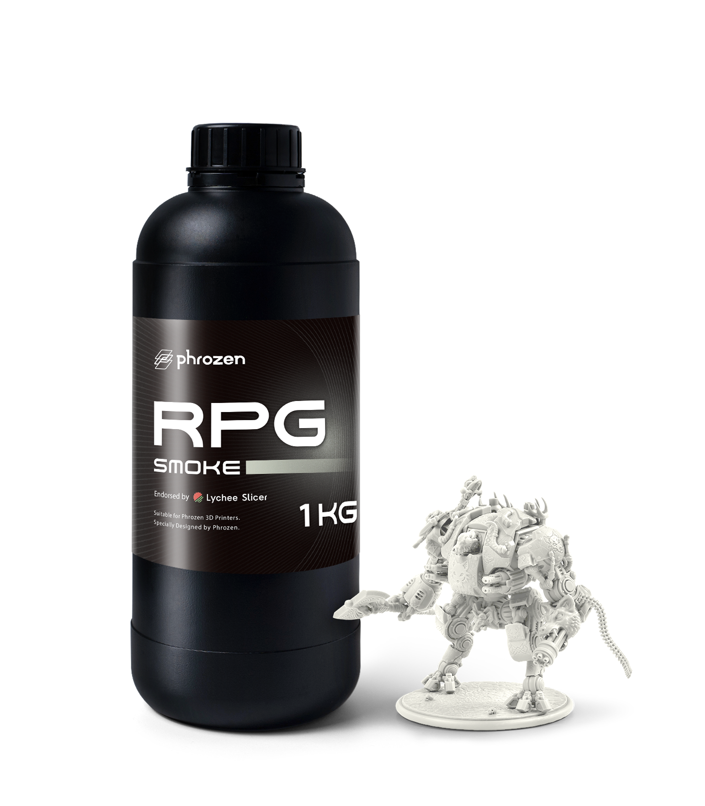 Phrozen RPG Smoke 1kg resin bottle next to a detailed tabletop miniature of an armored creature.