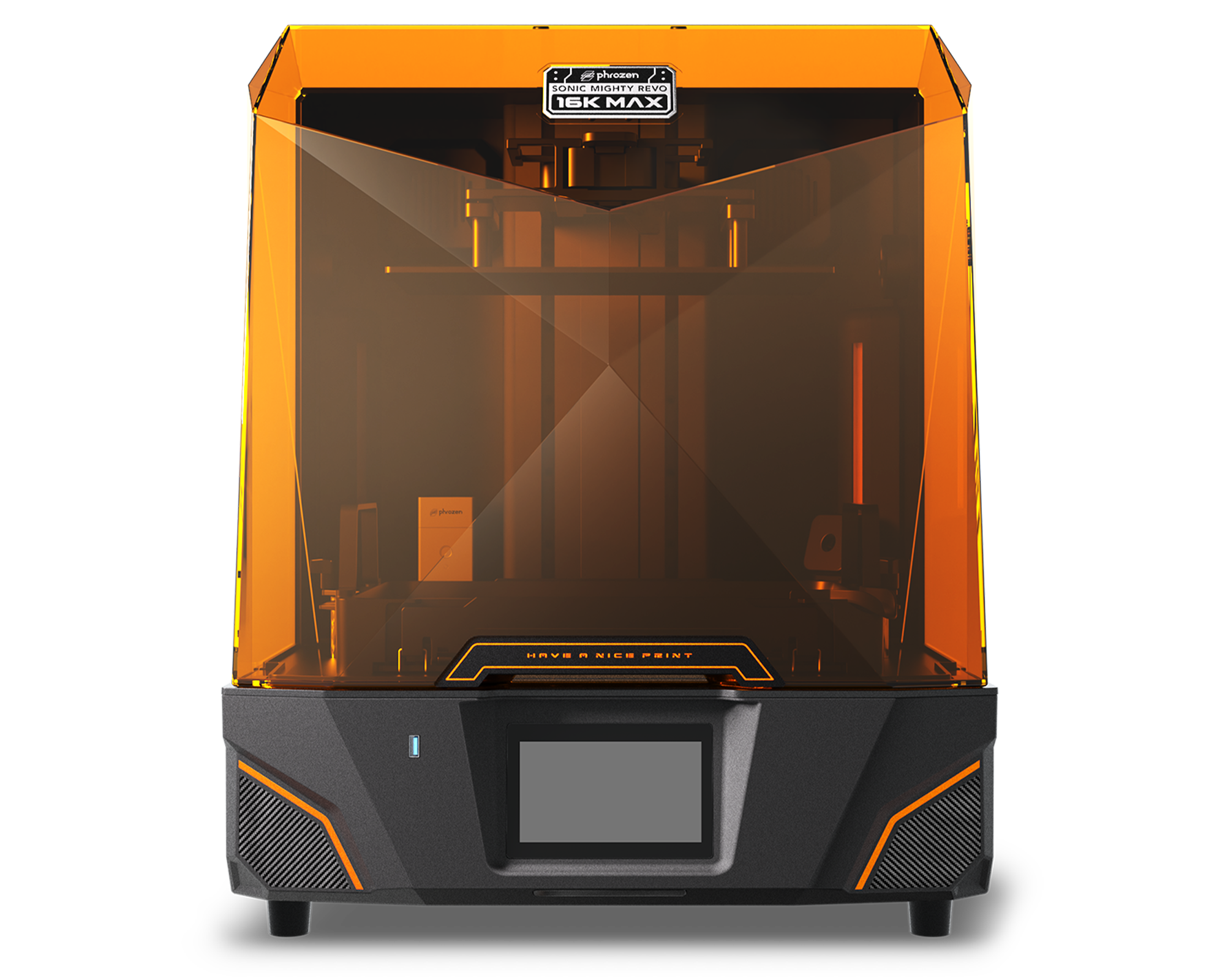 Front view of the Phrozen Sonic Mighty Revo 16K resin 3D printer with a UV cover and front touchscreen display.