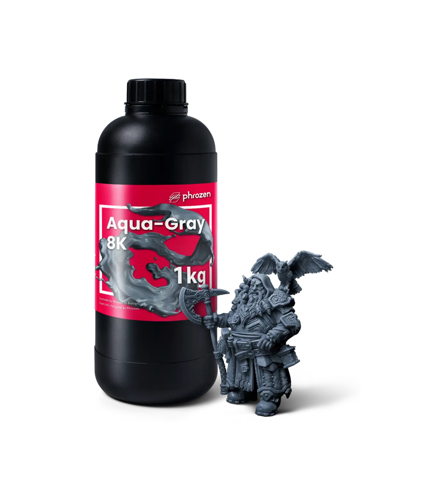 Phrozen Aqua Gray 8K resin bottle with a detailed fantasy miniature model.