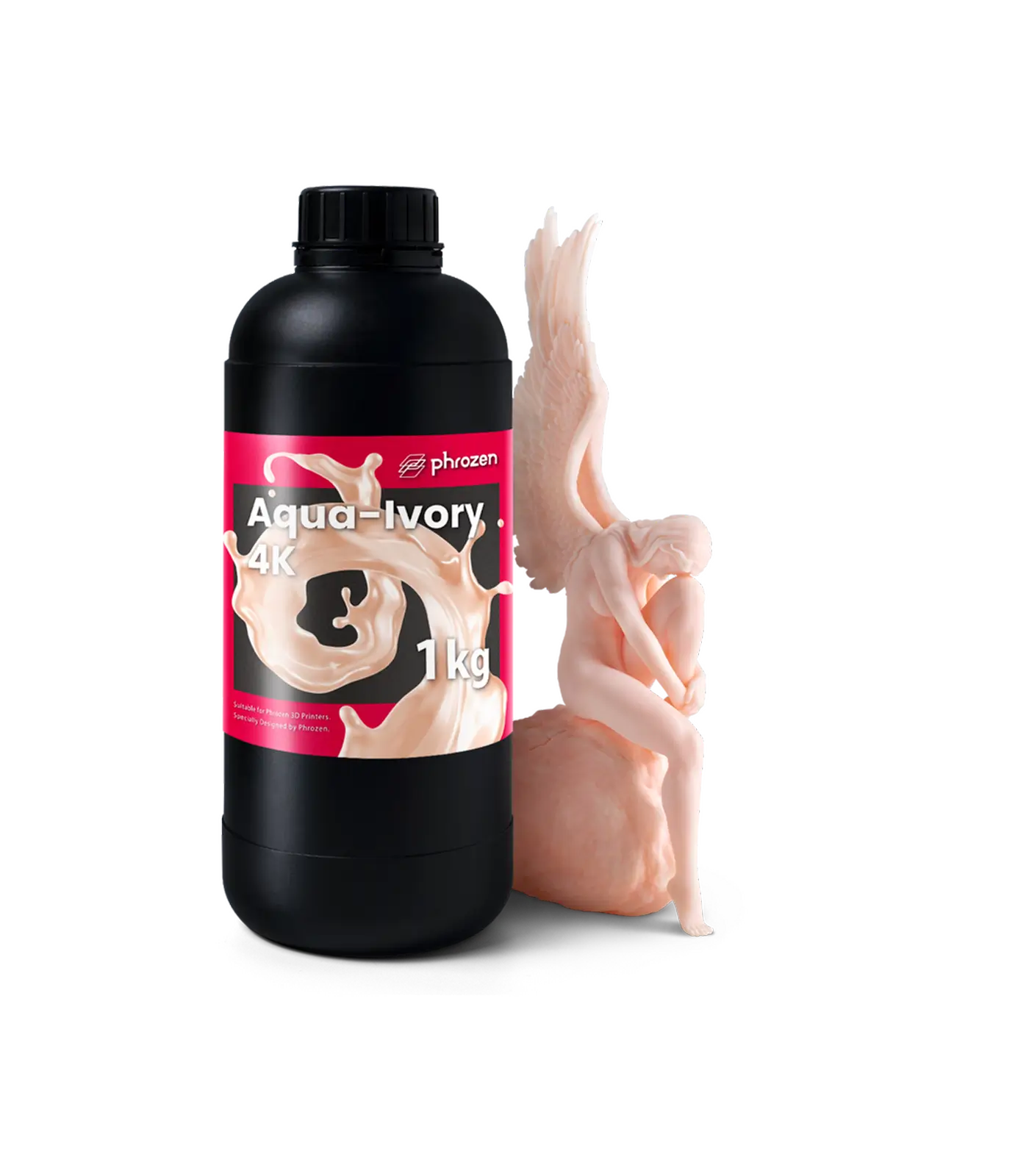 Phrozen Aqua Ivory 4K resin bottle with a detailed figure model.