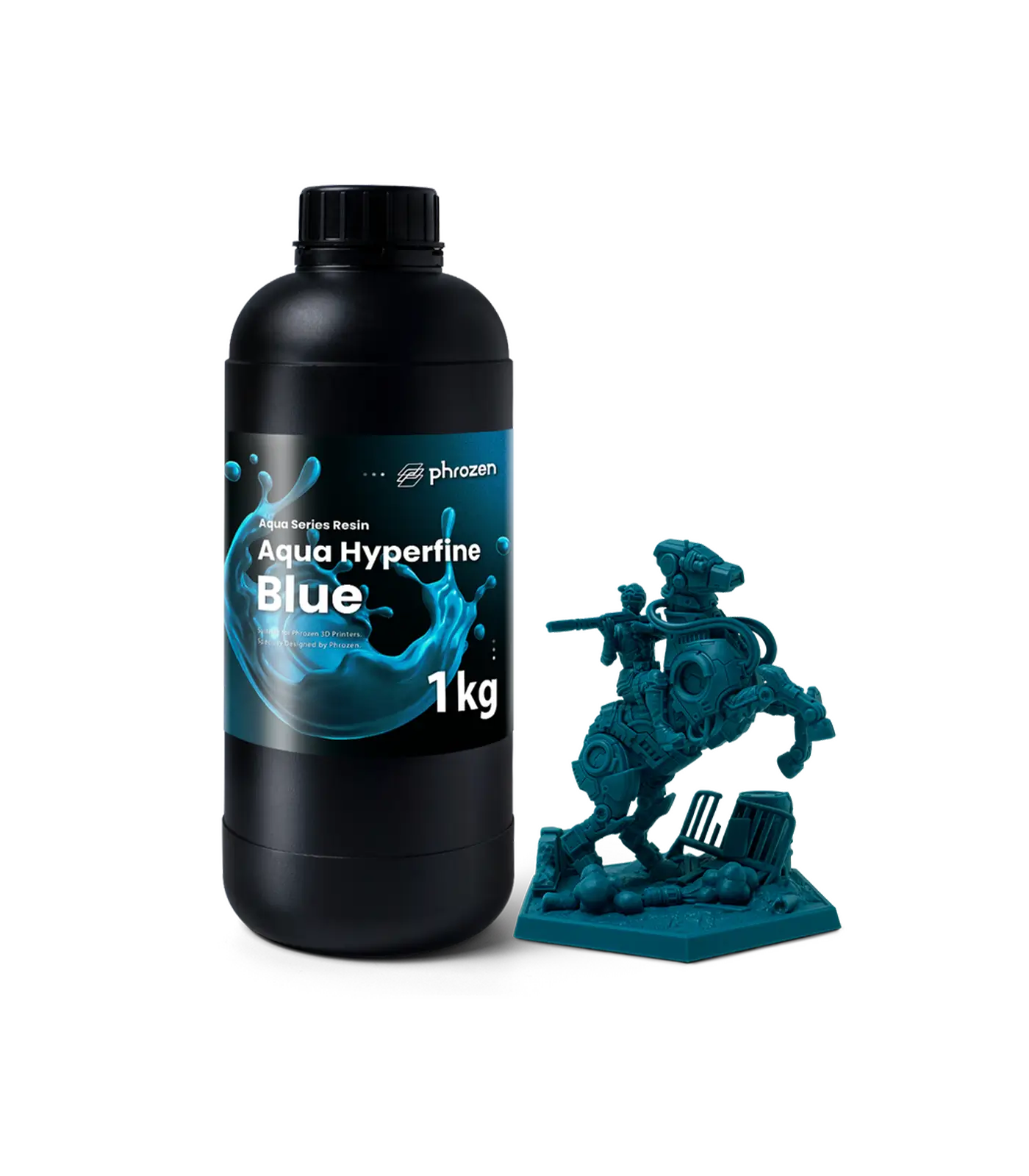 Phrozen Aqua Hyperfine Blue resin bottle with a detailed 3D-printed model.