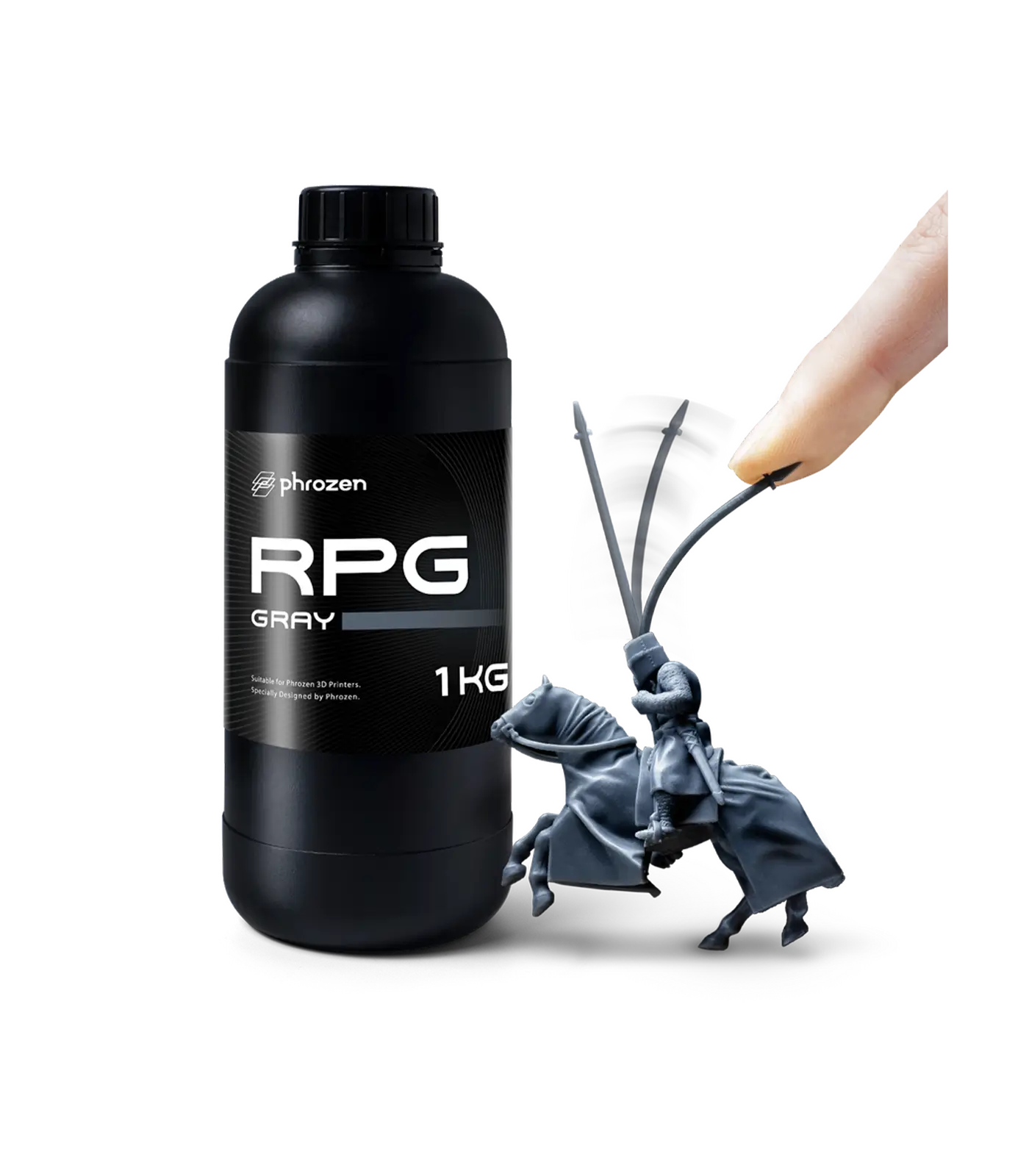 Phrozen RPG Gray high-resolution resin bottle beside a highly detailed miniature model, highlighting sharp details and smooth surface quality.