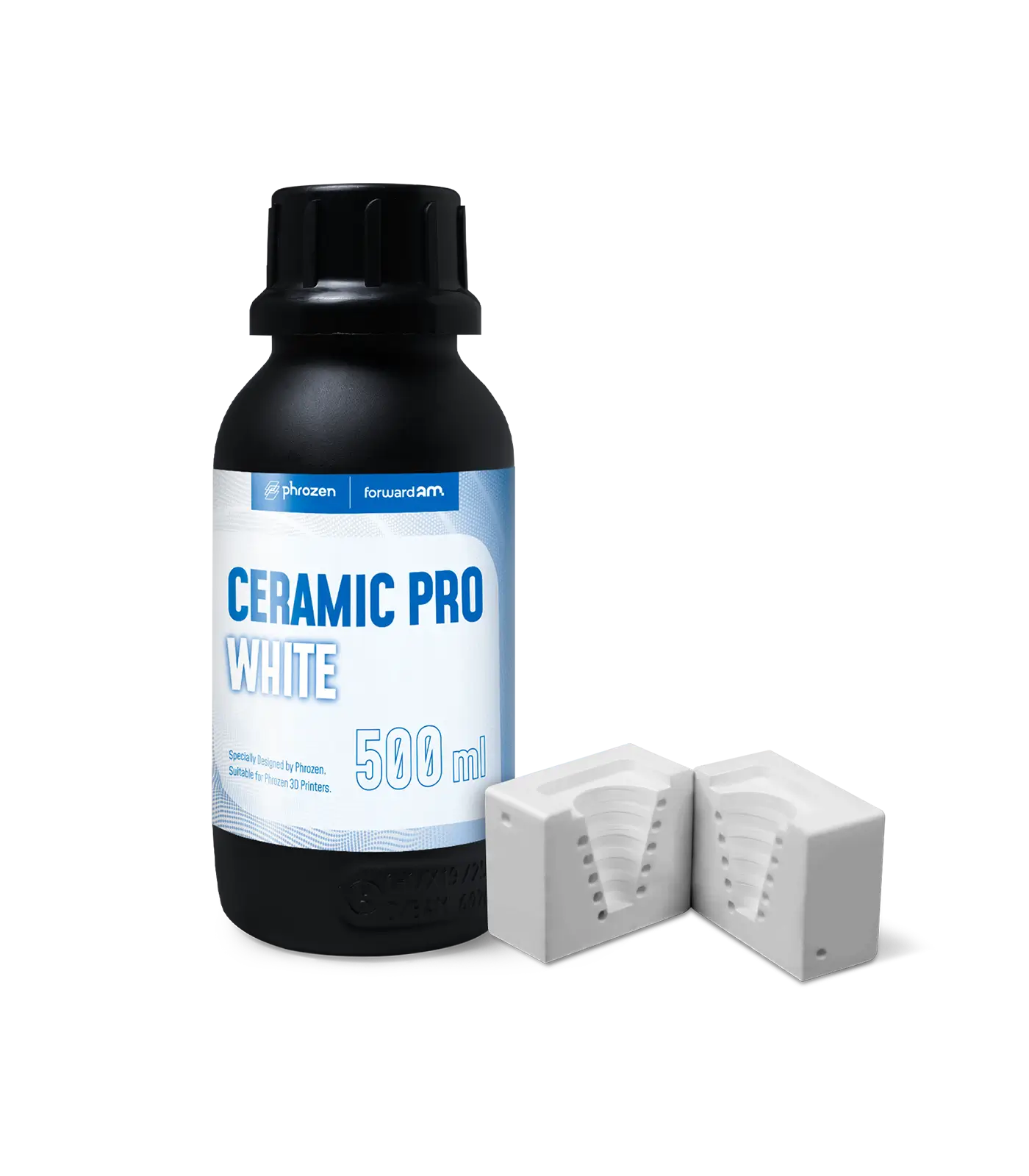 Phrozen x Forward AM Ceramic Pro White engineering resin bottle with ceramic mold parts.