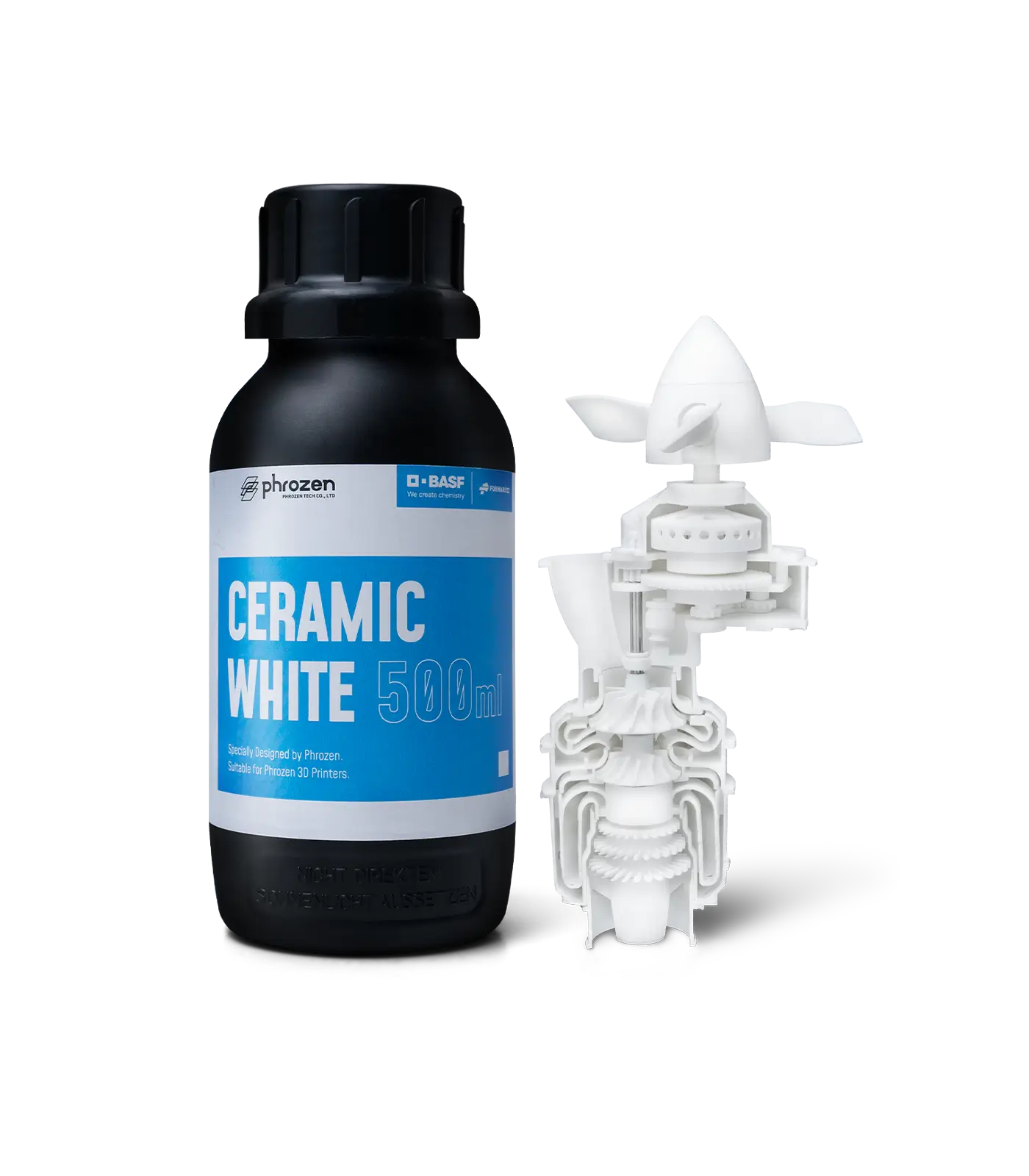 Phrozen x BASF Ceramic White engineering resin bottle with a cutaway motor model.