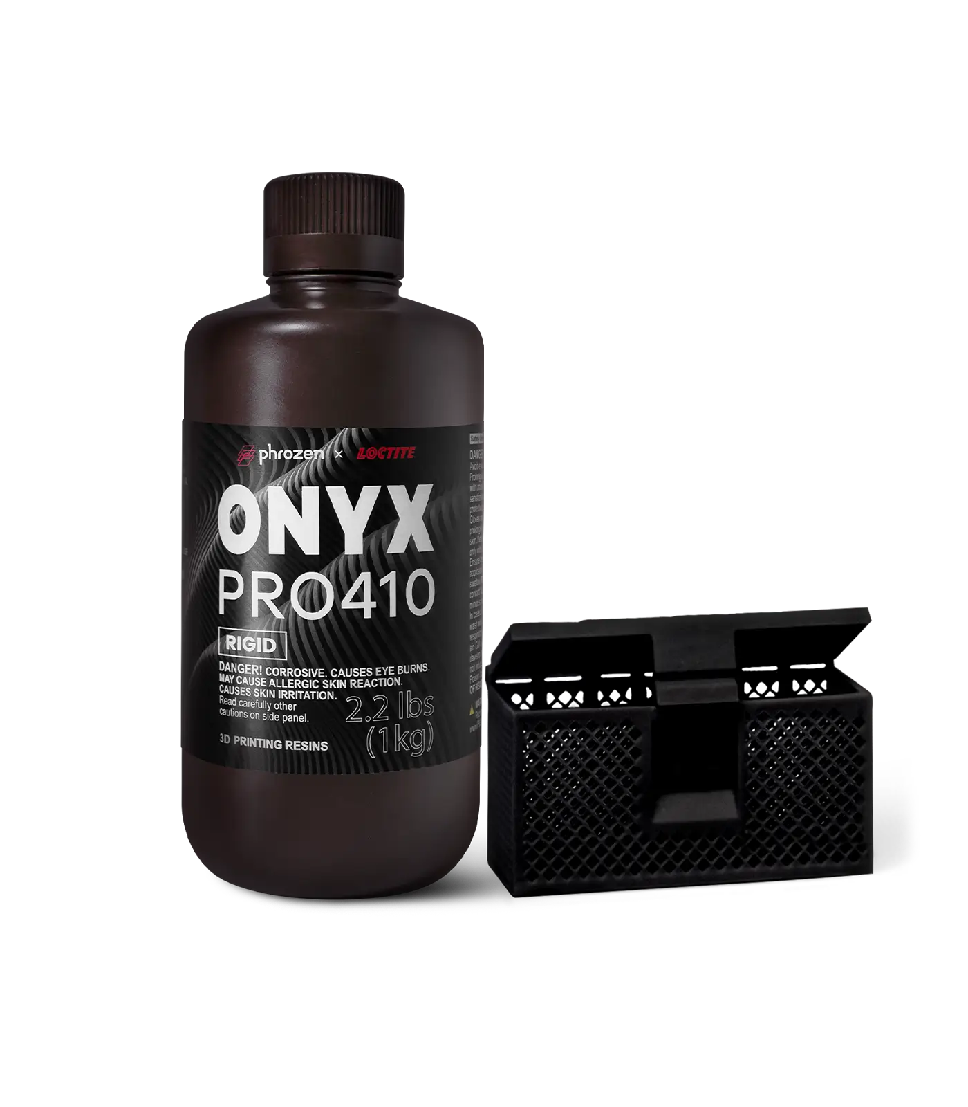 Phrozen x Loctite ONYX PRO410 rigid resin bottle with a printed industrial part.
