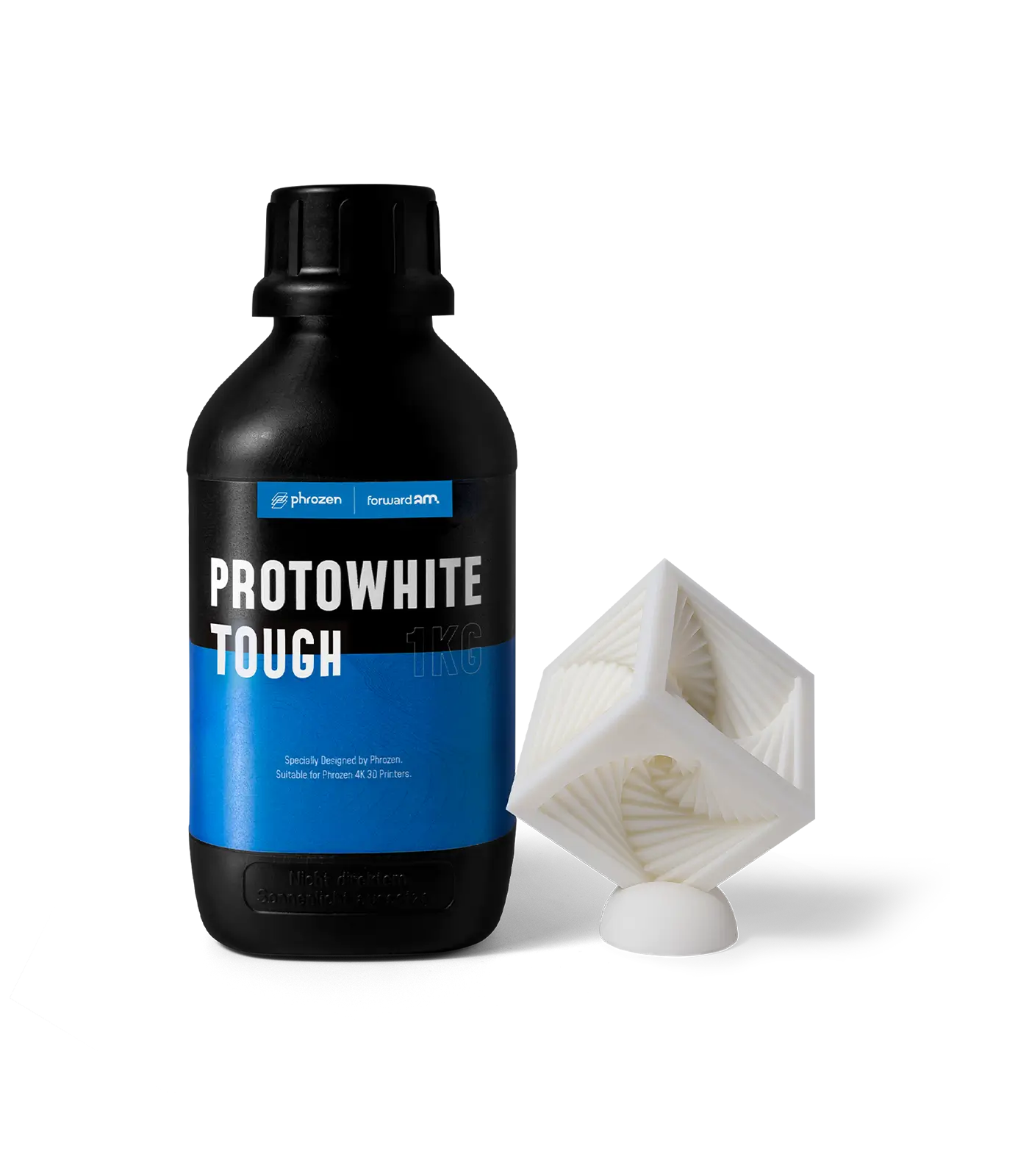 Phrozen x Forward AM Protowhite Tough resin bottle with a geometric test model.