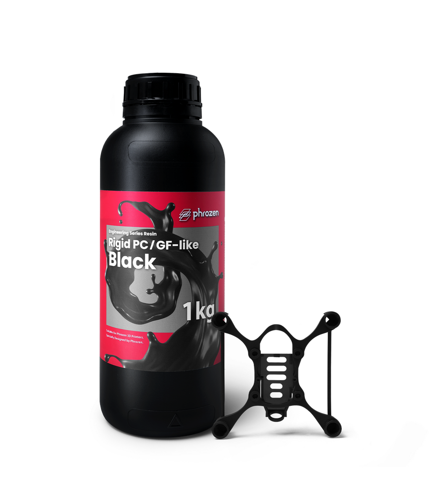 Phrozen Rigid PC/GF-Like Black engineering resin bottle with a structural part model.