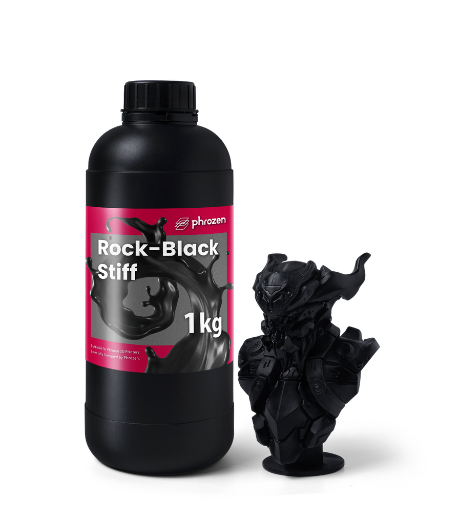 Phrozen Rock-Black Stiff resin bottle with a black bust model.