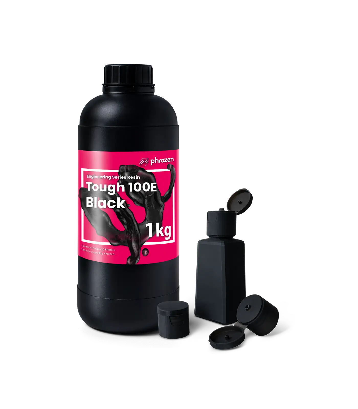Phrozen Tough 100E Black resin bottle with printed cosmetic bottle components.