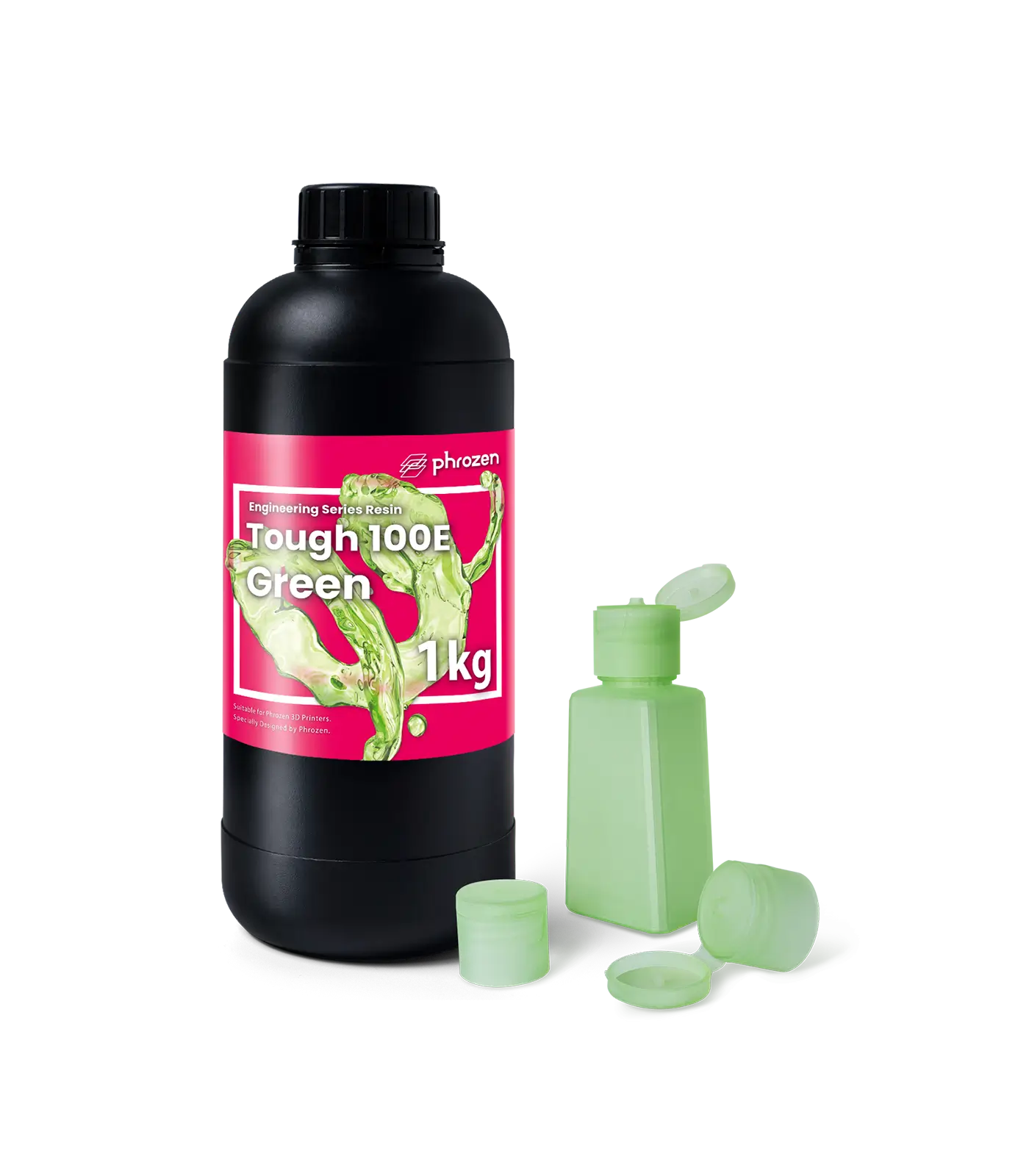 Phrozen Tough 100E Green resin bottle with printed cosmetic bottle components.