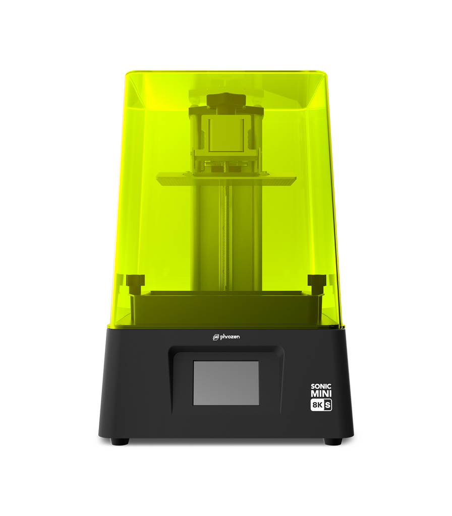 Front view of the Phrozen Sonic Mini 8K S resin 3D printer with a UV cover and front touchscreen display.