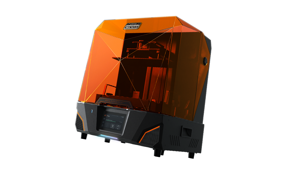 Phrozen Sonic Mighty Revo 16K resin 3D printer in angled view with cover and high-detail output.