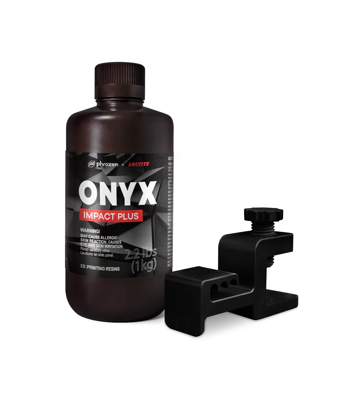 Phrozen x Loctite ONYX Impact Plus resin bottle with a functional clamp part.