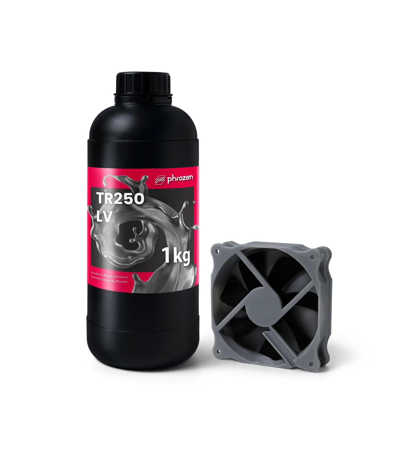 Phrozen TR250 LV High Heat-Resistant resin bottle with a fan part.