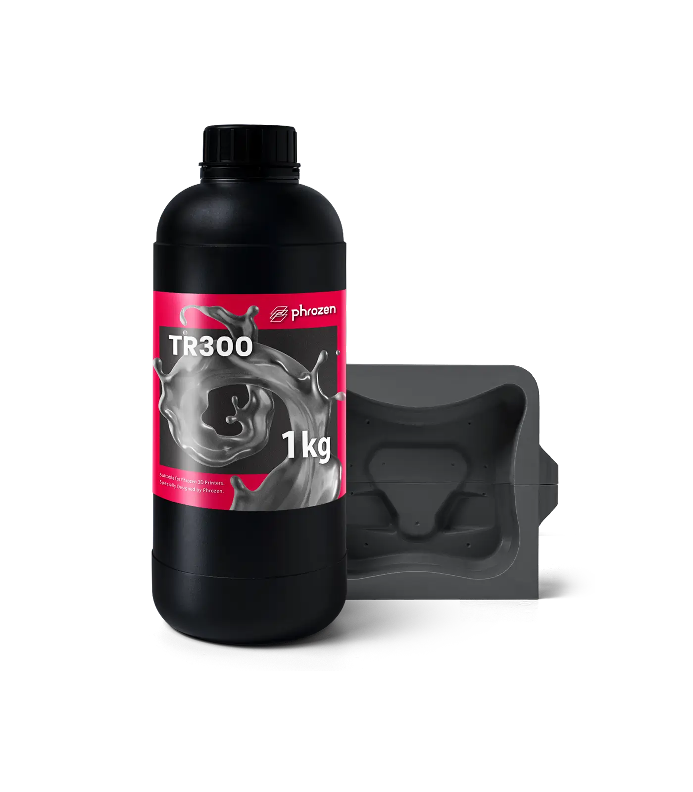 Phrozen TR300 Ultra High Temp resin bottle with a mold part.