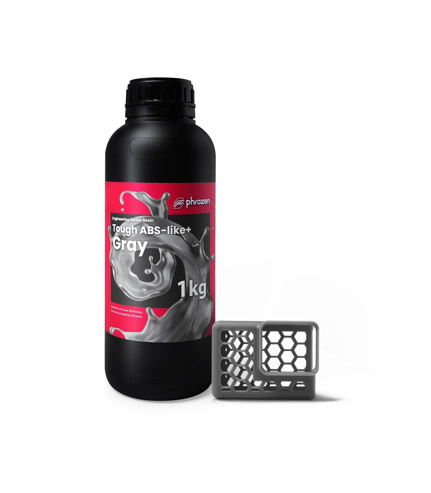 Phrozen Tough ABS-Like+ Gray resin bottle with a lattice test part.