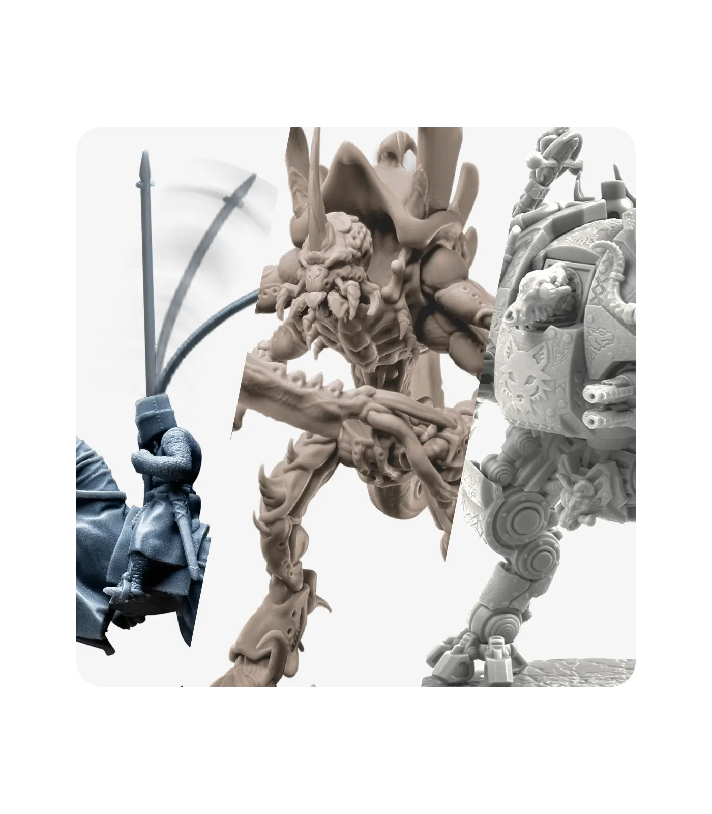 Three RPG resin models printed in different colors, showing fine details and crisp surfaces.