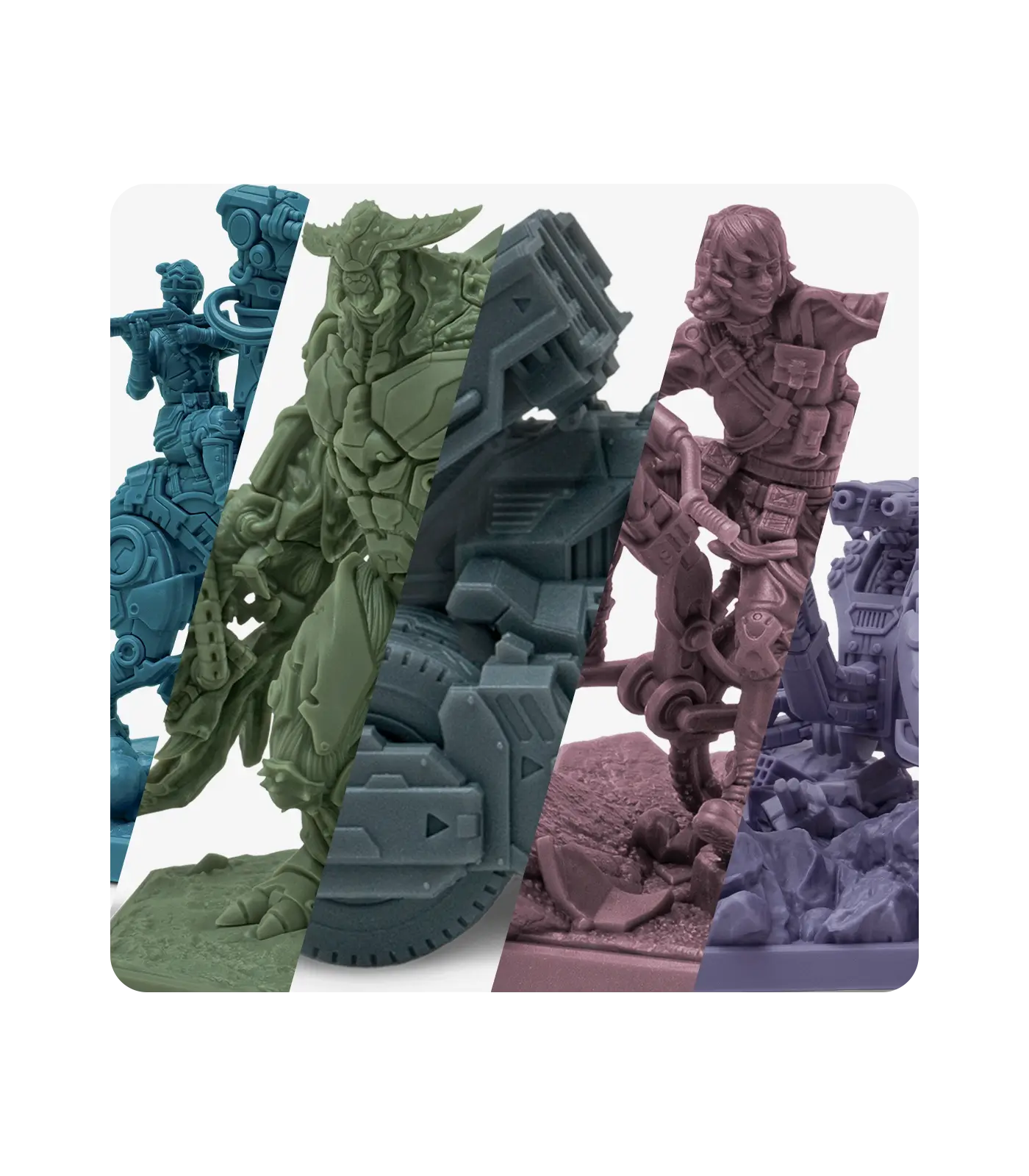 Five 3D-printed models in different Aqua Hyperfine resin colors, showing fine detail and surface quality.