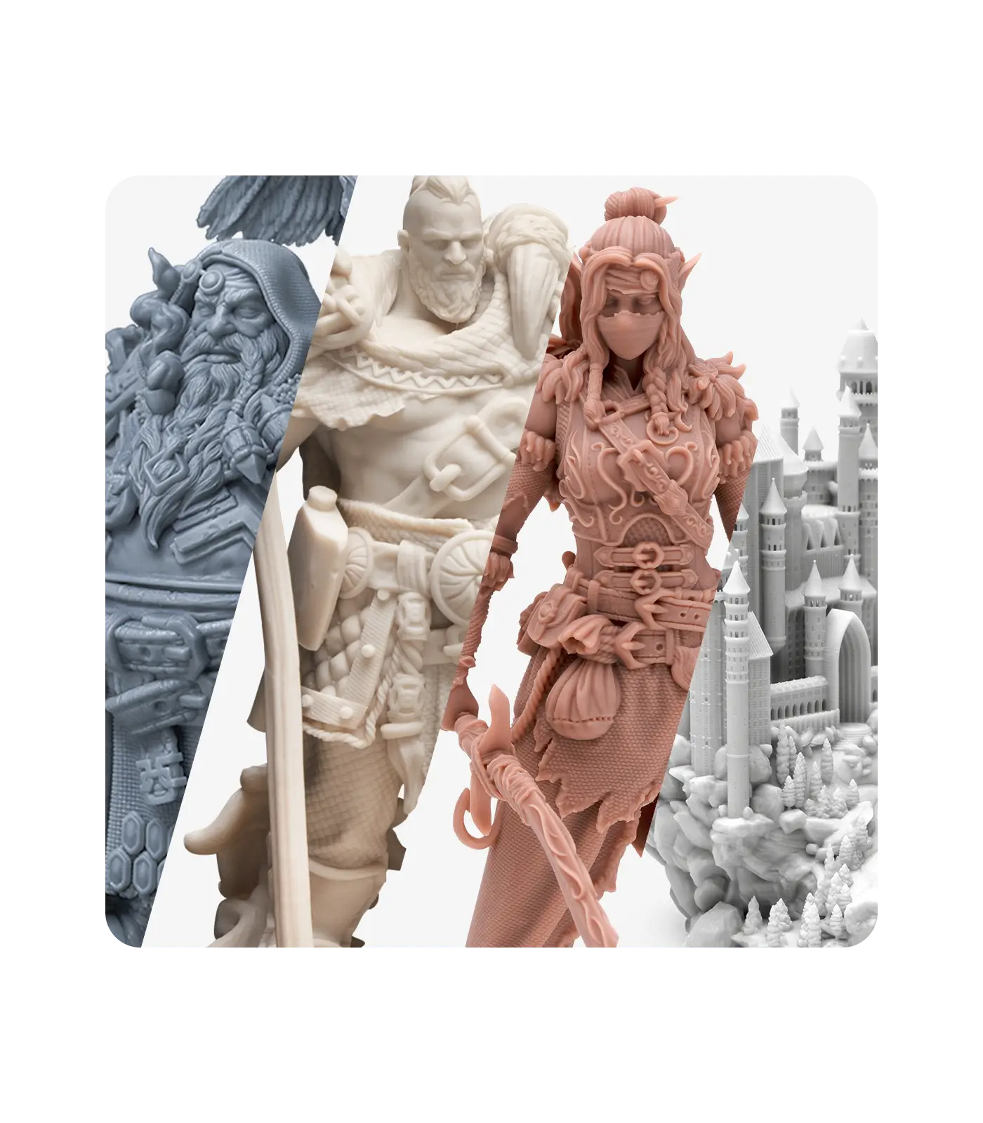 Four 3D-printed models in different Aqua 8K resin colors, showing sharp details and smooth surfaces.