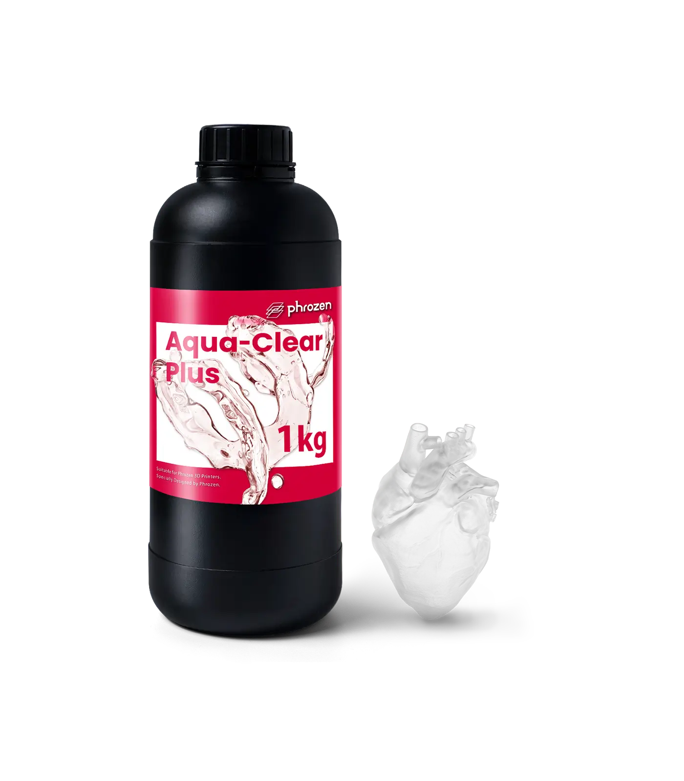 Phrozen Aqua Clear Plus resin bottle with a transparent heart model.