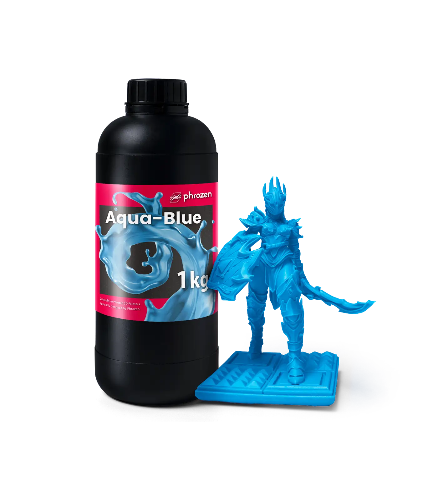 Phrozen Aqua Blue resin bottle with a detailed figure model.