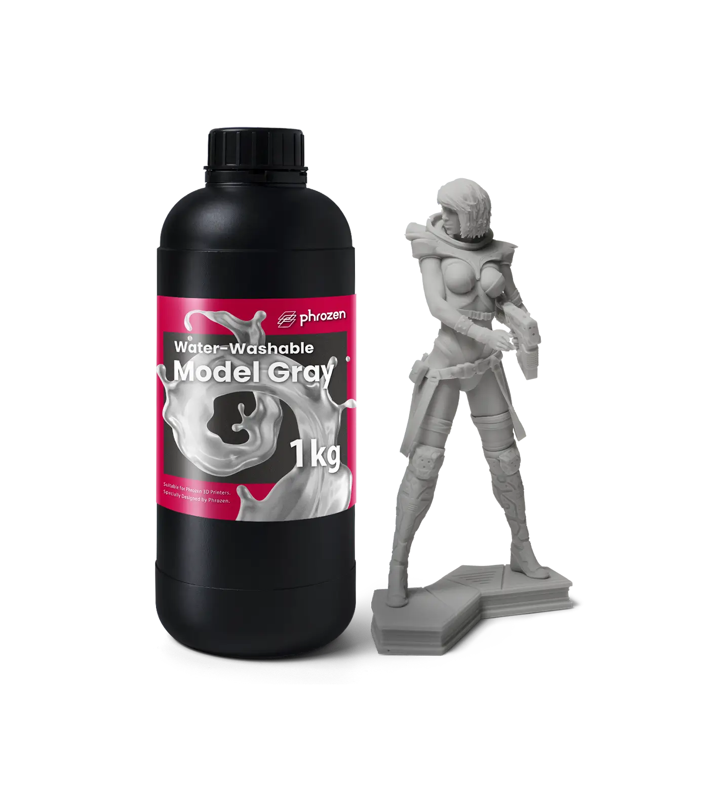 Phrozen water-washable Model Gray resin bottle with a detailed figure model.