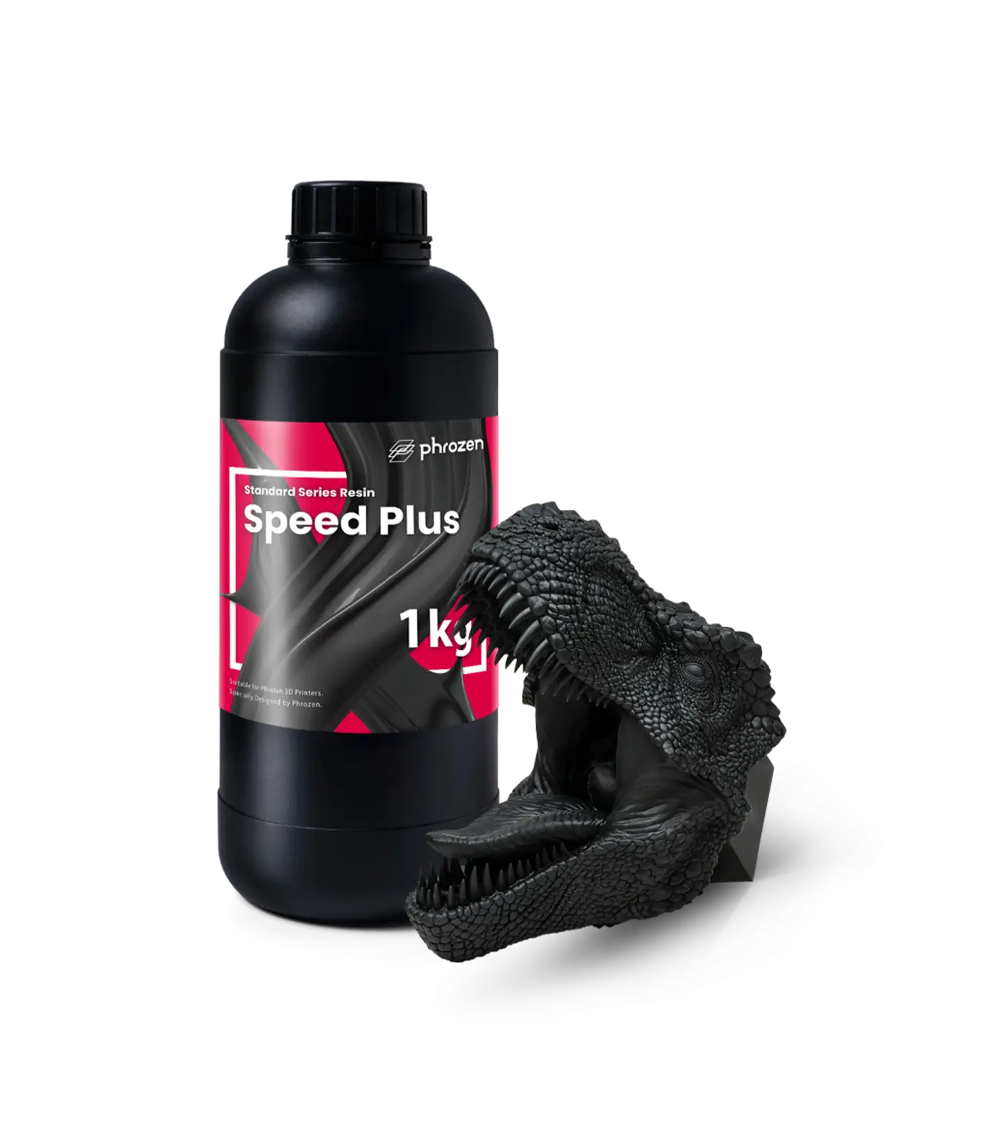 Phrozen Speed Plus resin bottle with a detailed Dinosaur model.