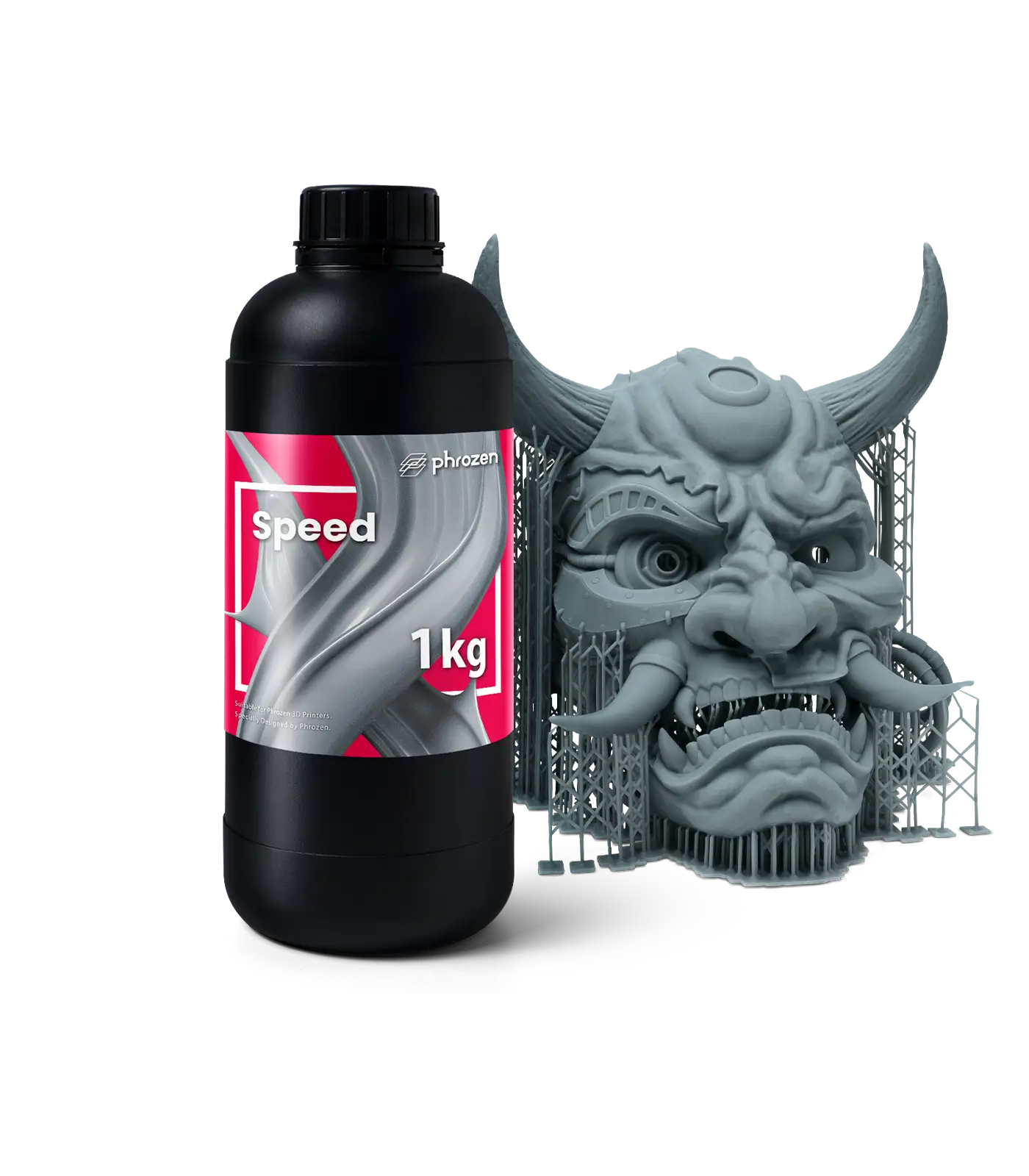 Phrozen Speed resin bottle with a detailed mask model.