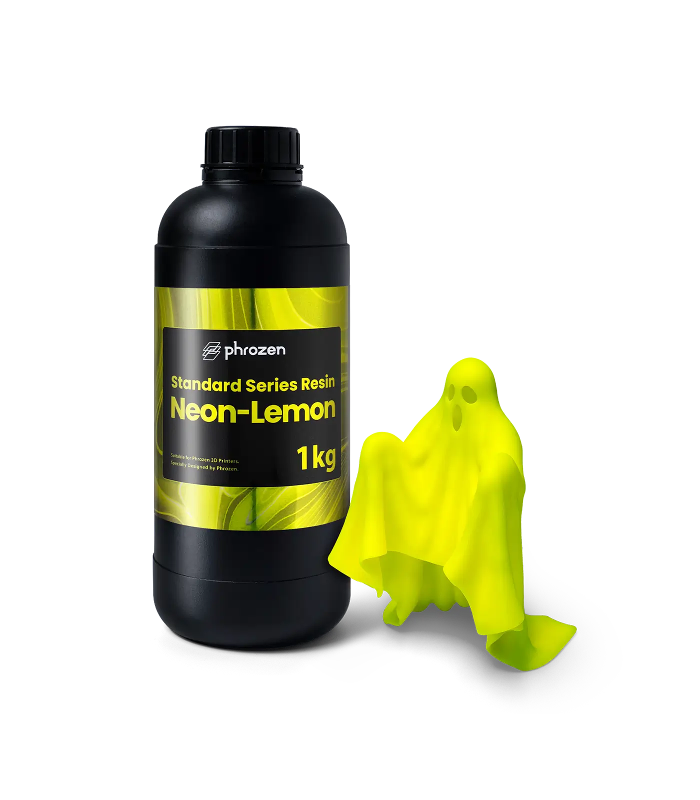 Phrozen Neon Lemon standard resin bottle with a ghost model.