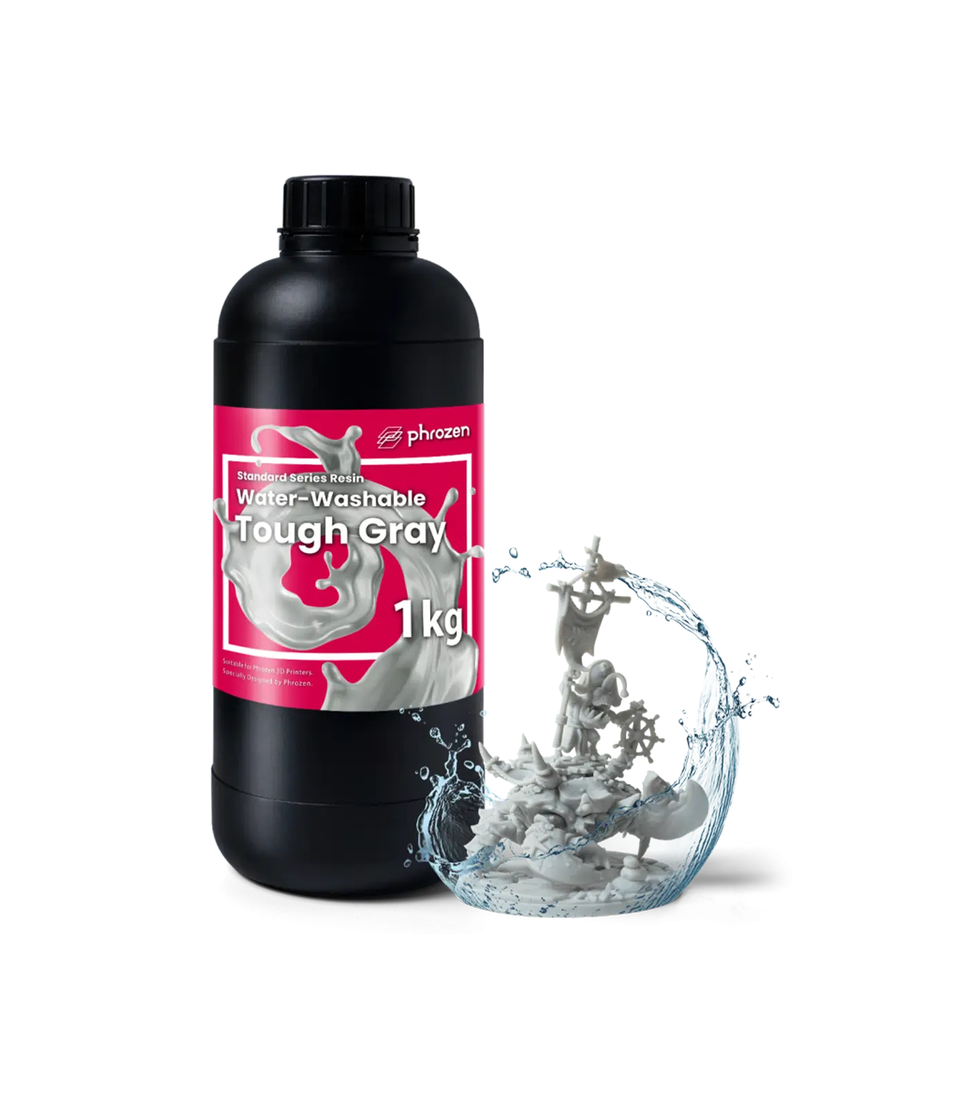 Phrozen water-washable Tough Gray resin bottle with a detailed figure model.