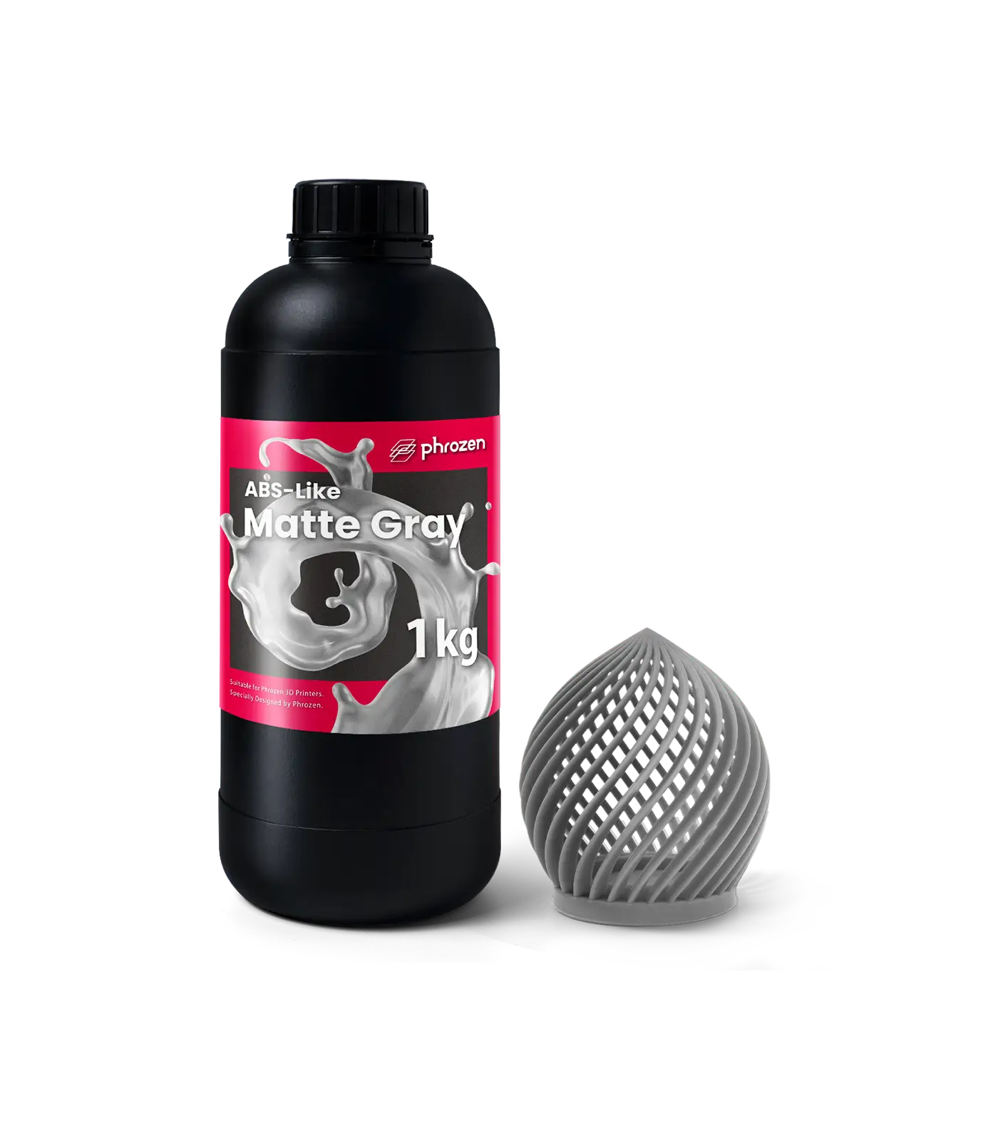 Phrozen ABS-Like Matte Gray resin bottle with an abstract model.
